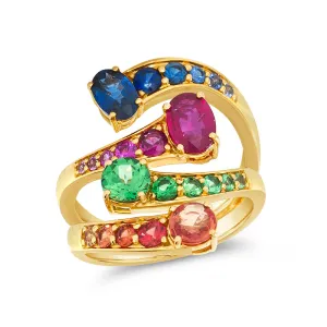 18k Amazonia (cocar) Yellow Gold Ring   With Ruby And Sapphire And Emerald And Tsavorite