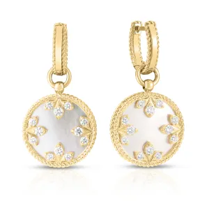 18K Gold Small Medallions Mother of Pearl and Diamond Dangle Earrings