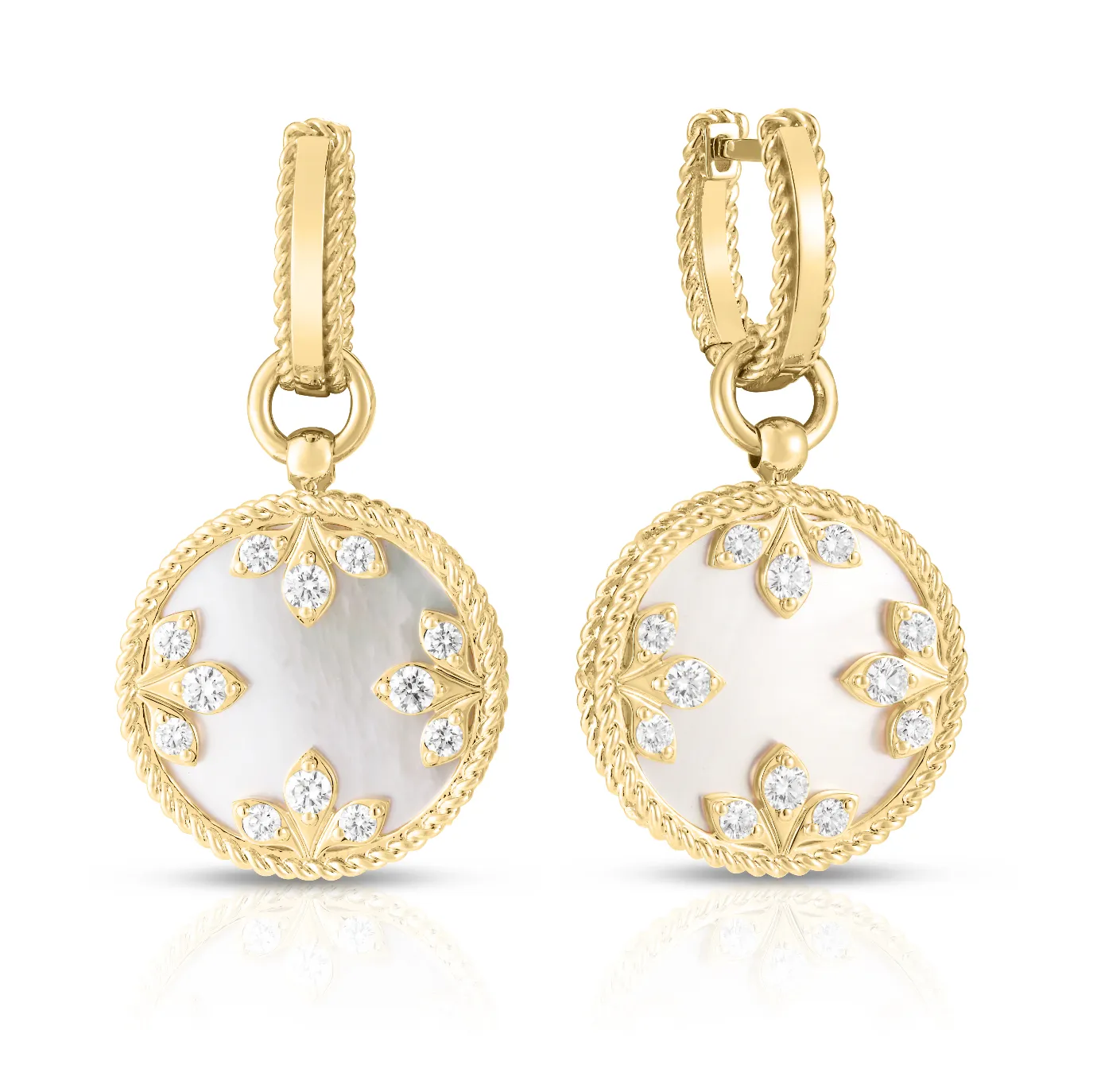 18K Gold Small Medallions Mother of Pearl and Diamond Dangle Earrings