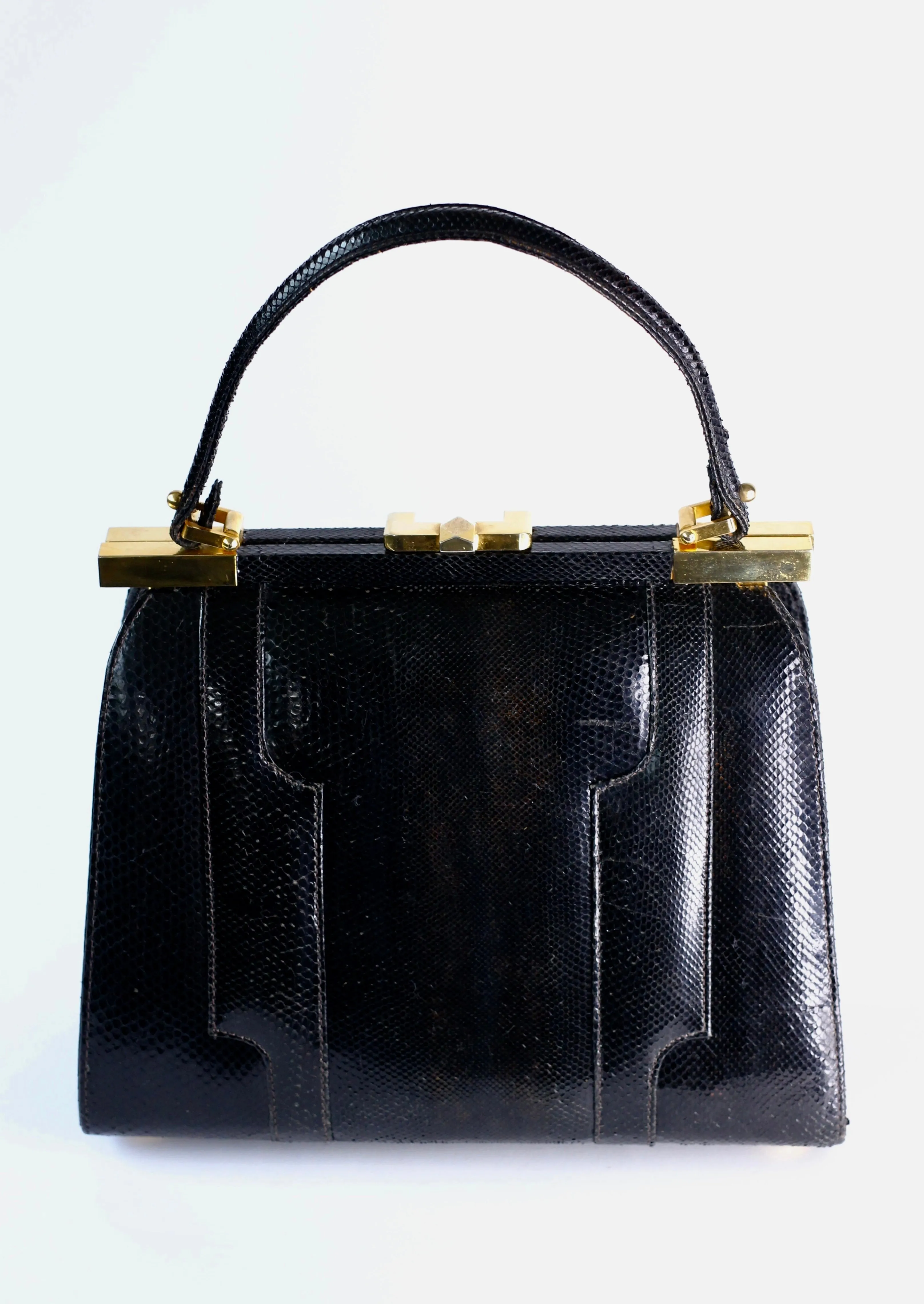 1950s Vintage Black Leather Top Handle Bag