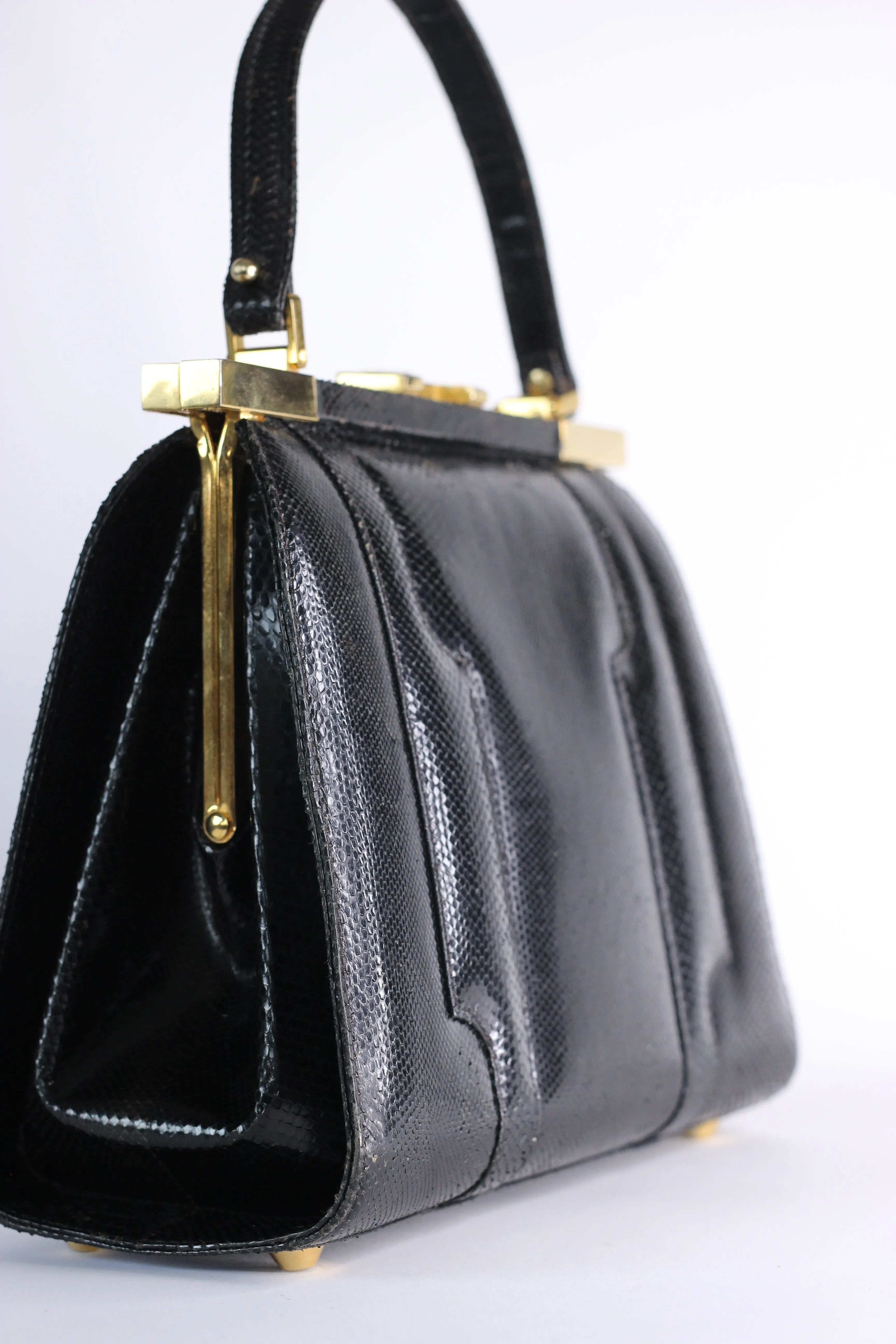1950s Vintage Black Leather Top Handle Bag