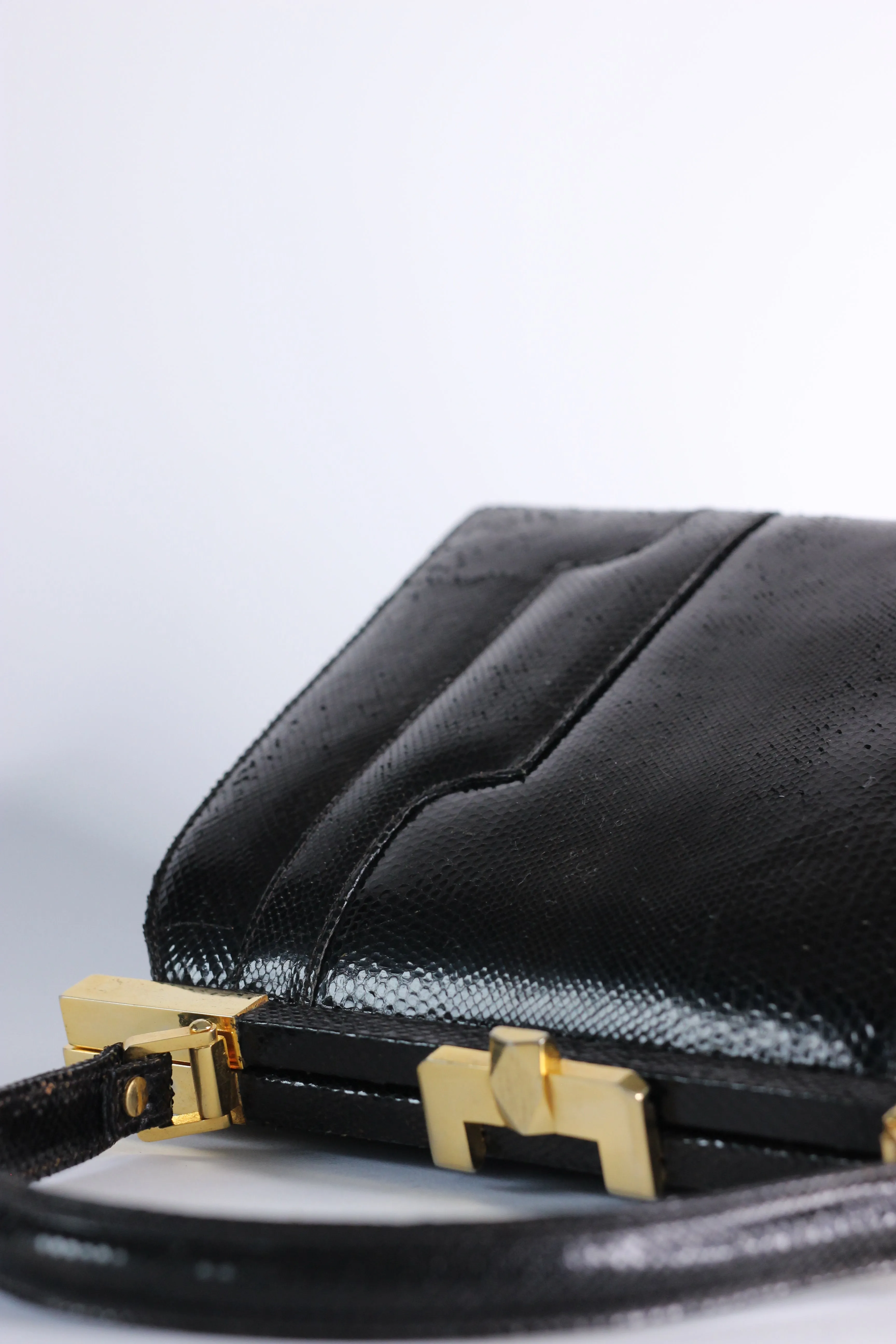 1950s Vintage Black Leather Top Handle Bag