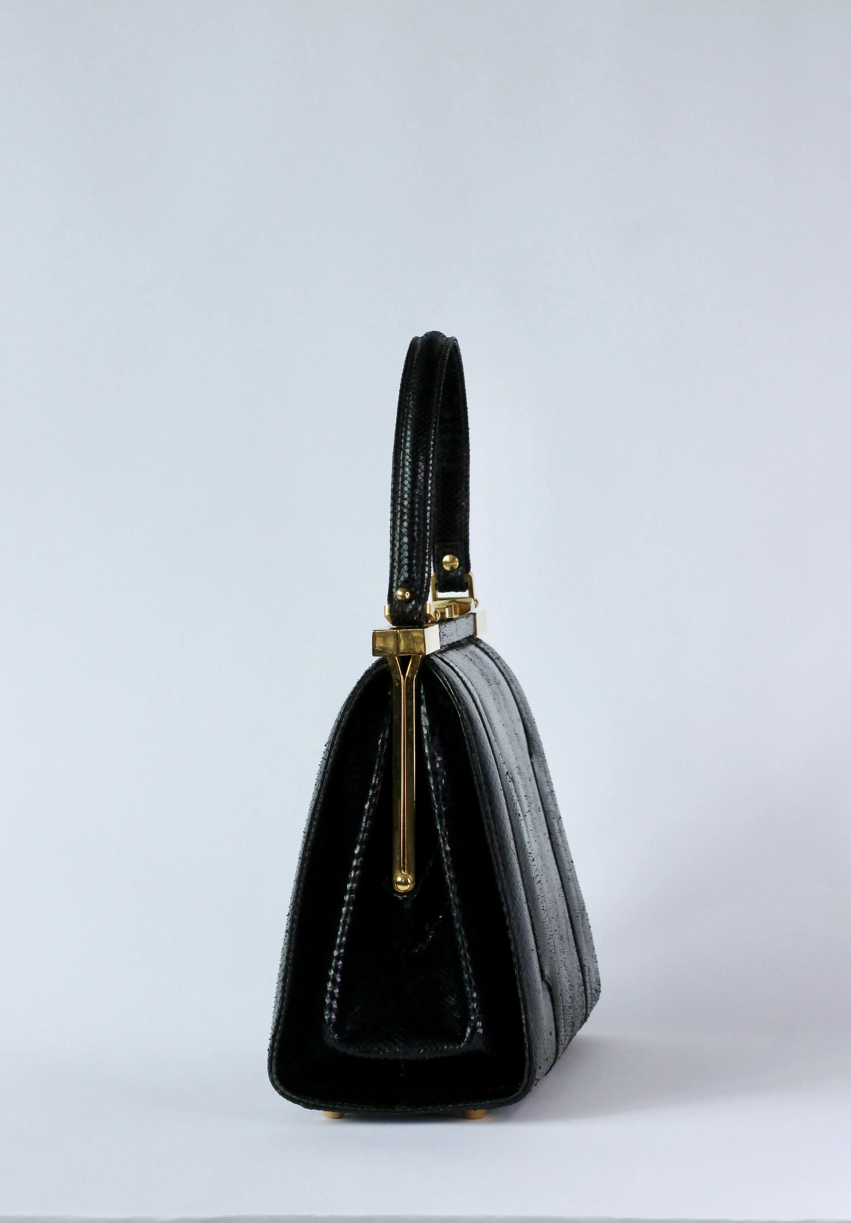 1950s Vintage Black Leather Top Handle Bag