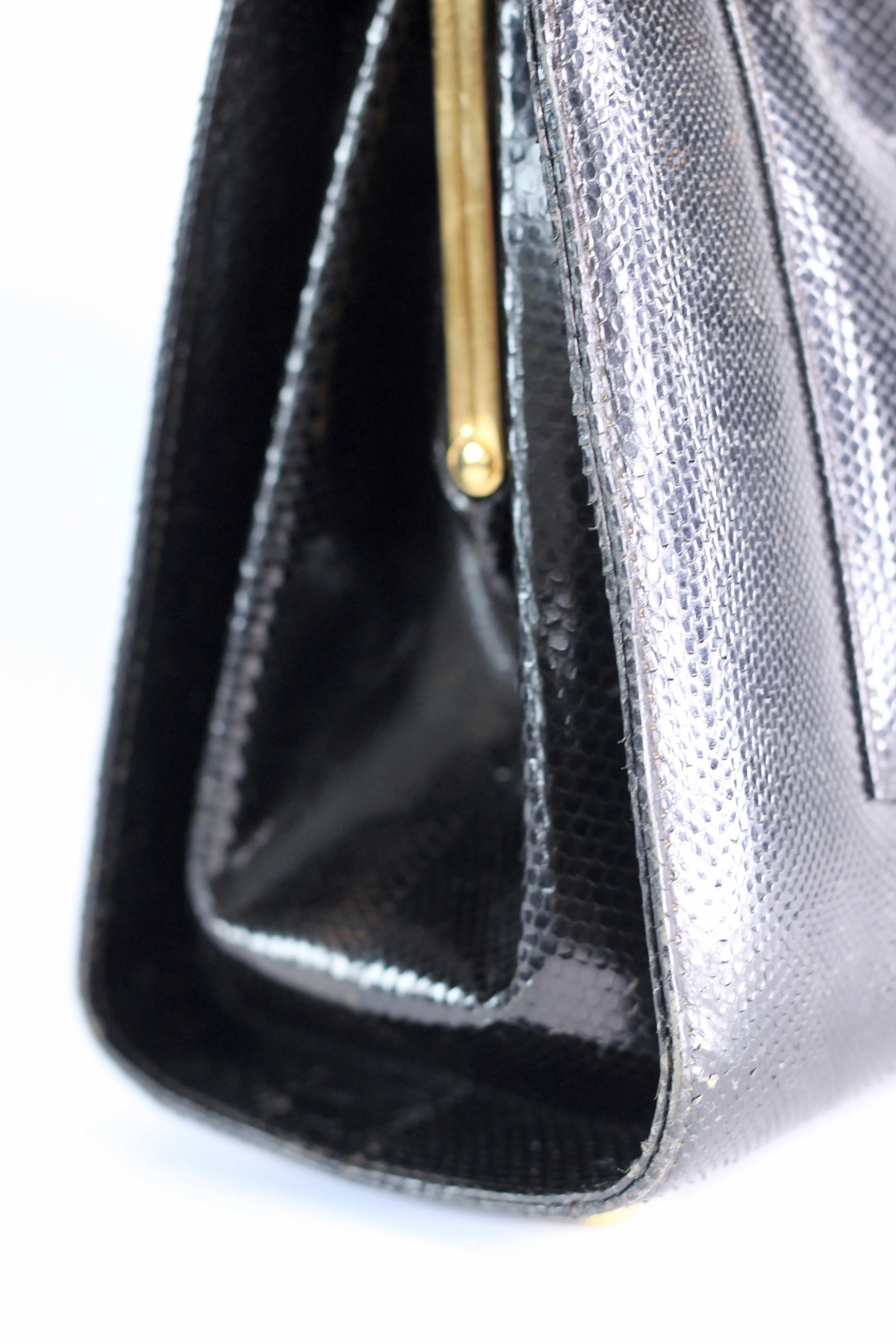 1950s Vintage Black Leather Top Handle Bag