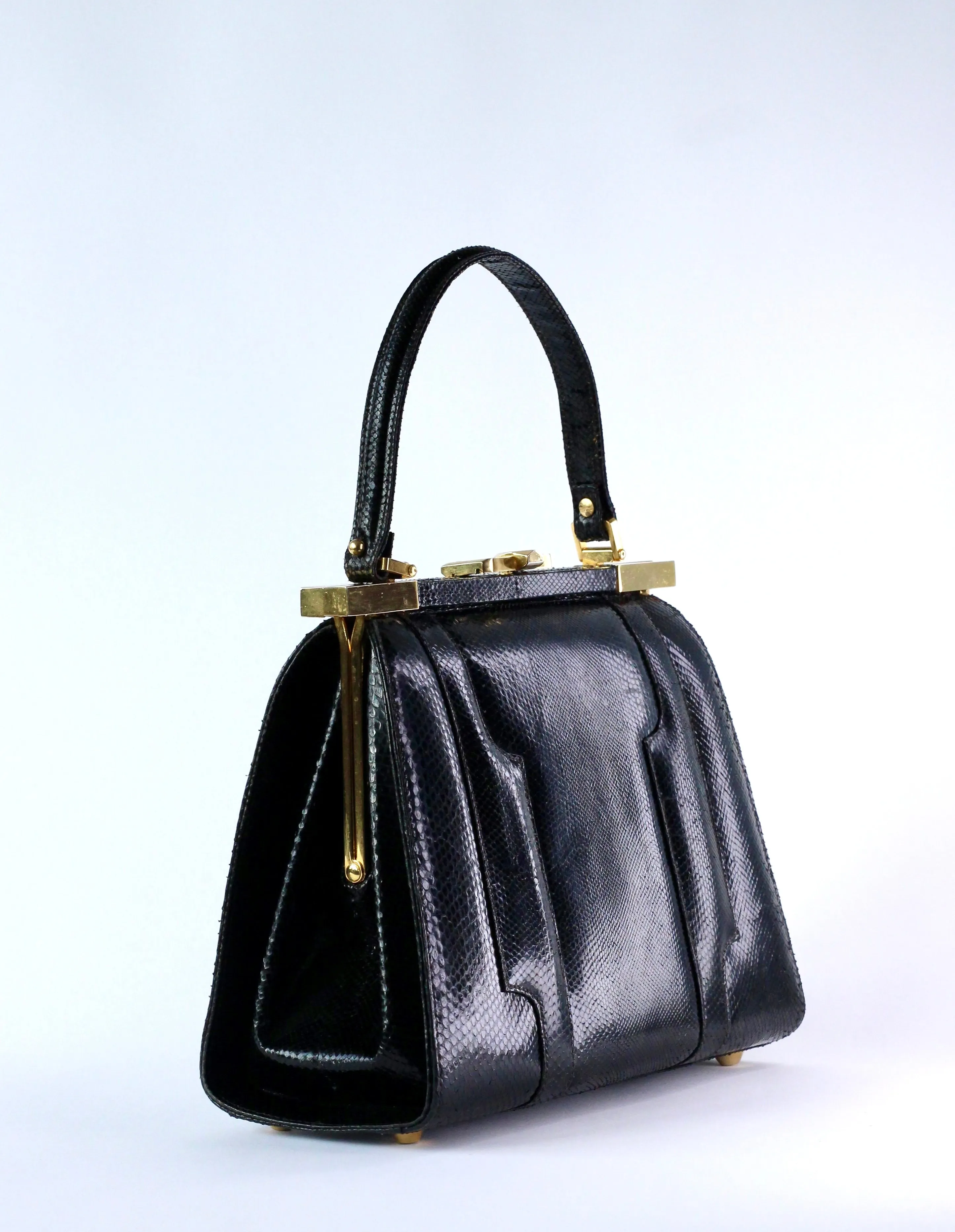 1950s Vintage Black Leather Top Handle Bag