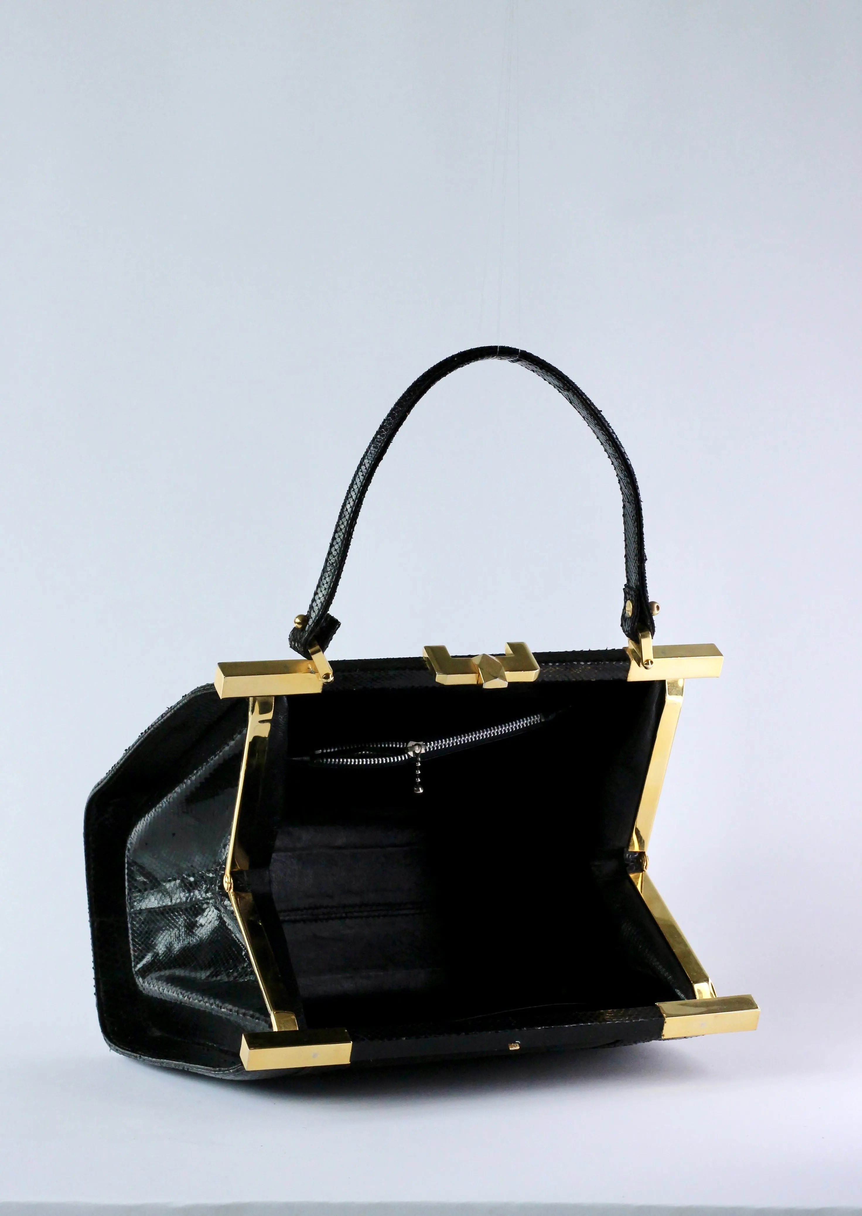 1950s Vintage Black Leather Top Handle Bag