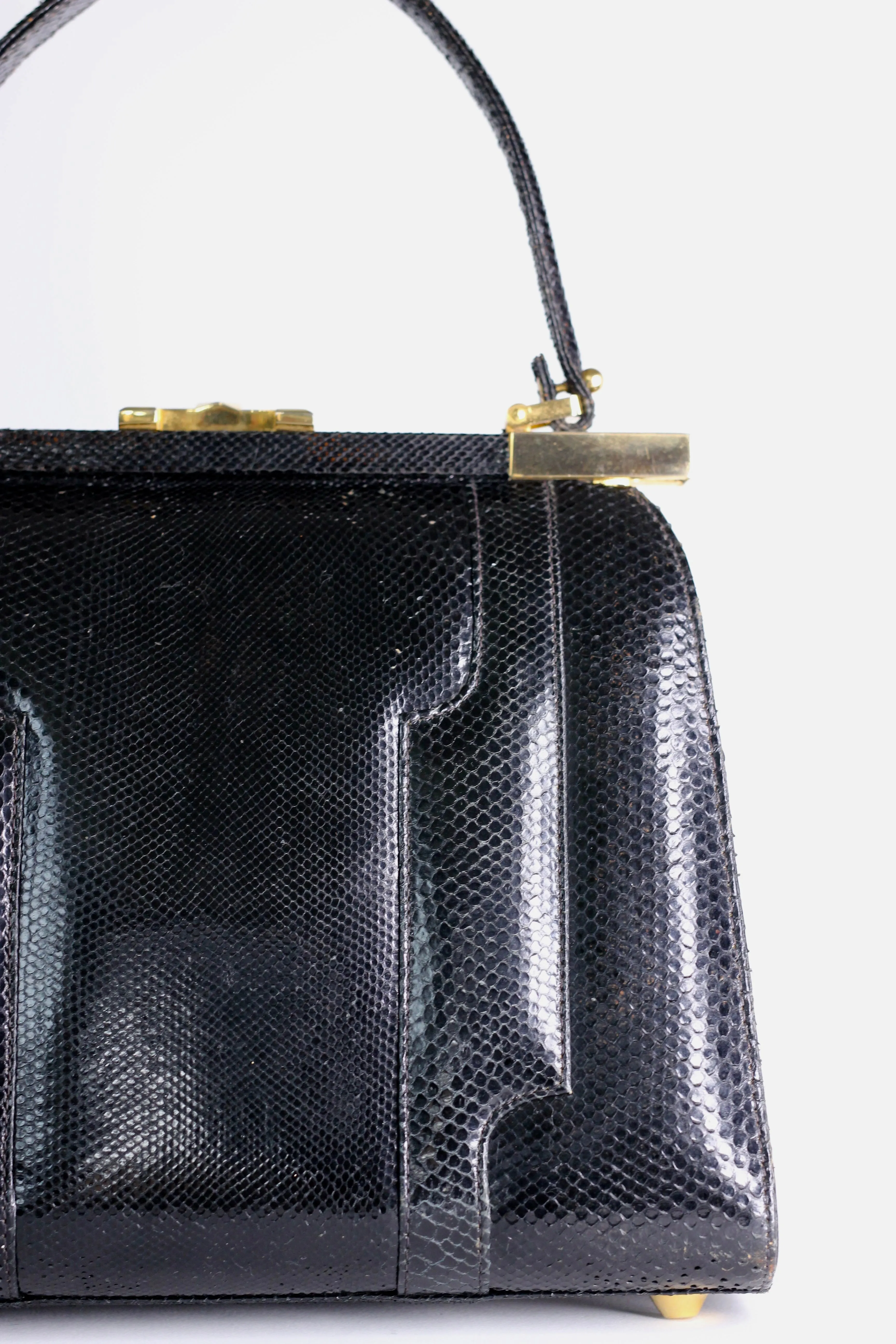 1950s Vintage Black Leather Top Handle Bag