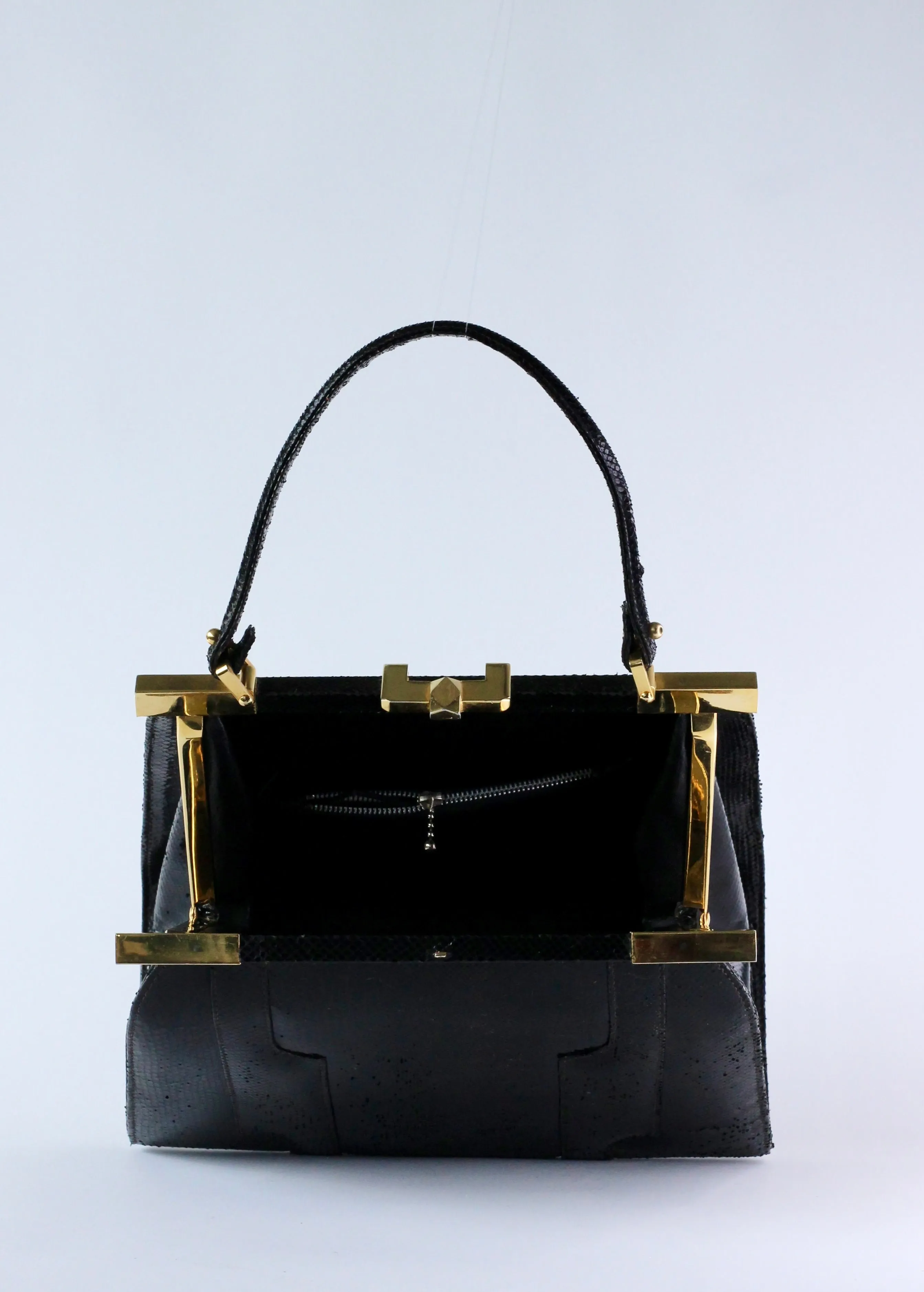 1950s Vintage Black Leather Top Handle Bag