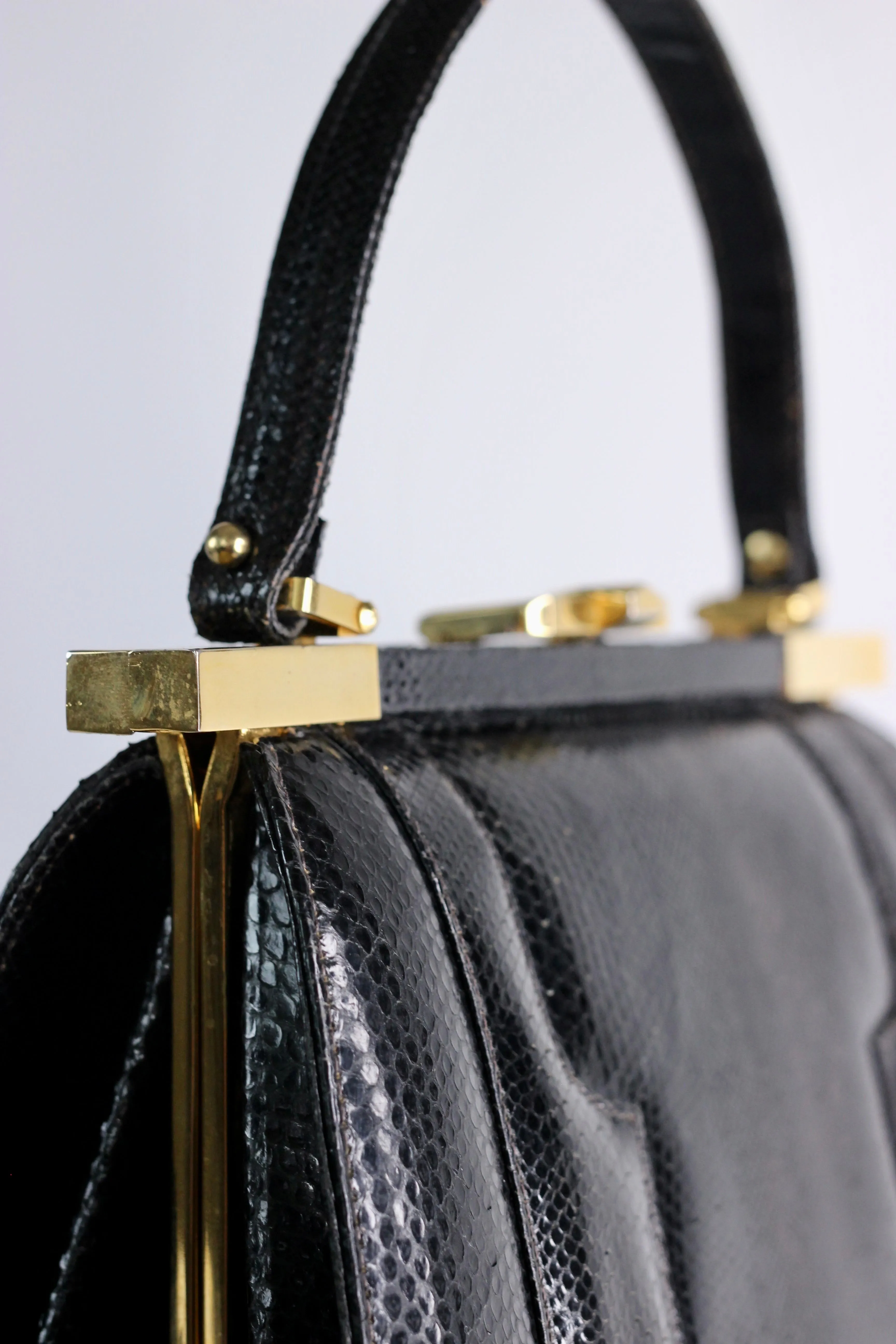 1950s Vintage Black Leather Top Handle Bag