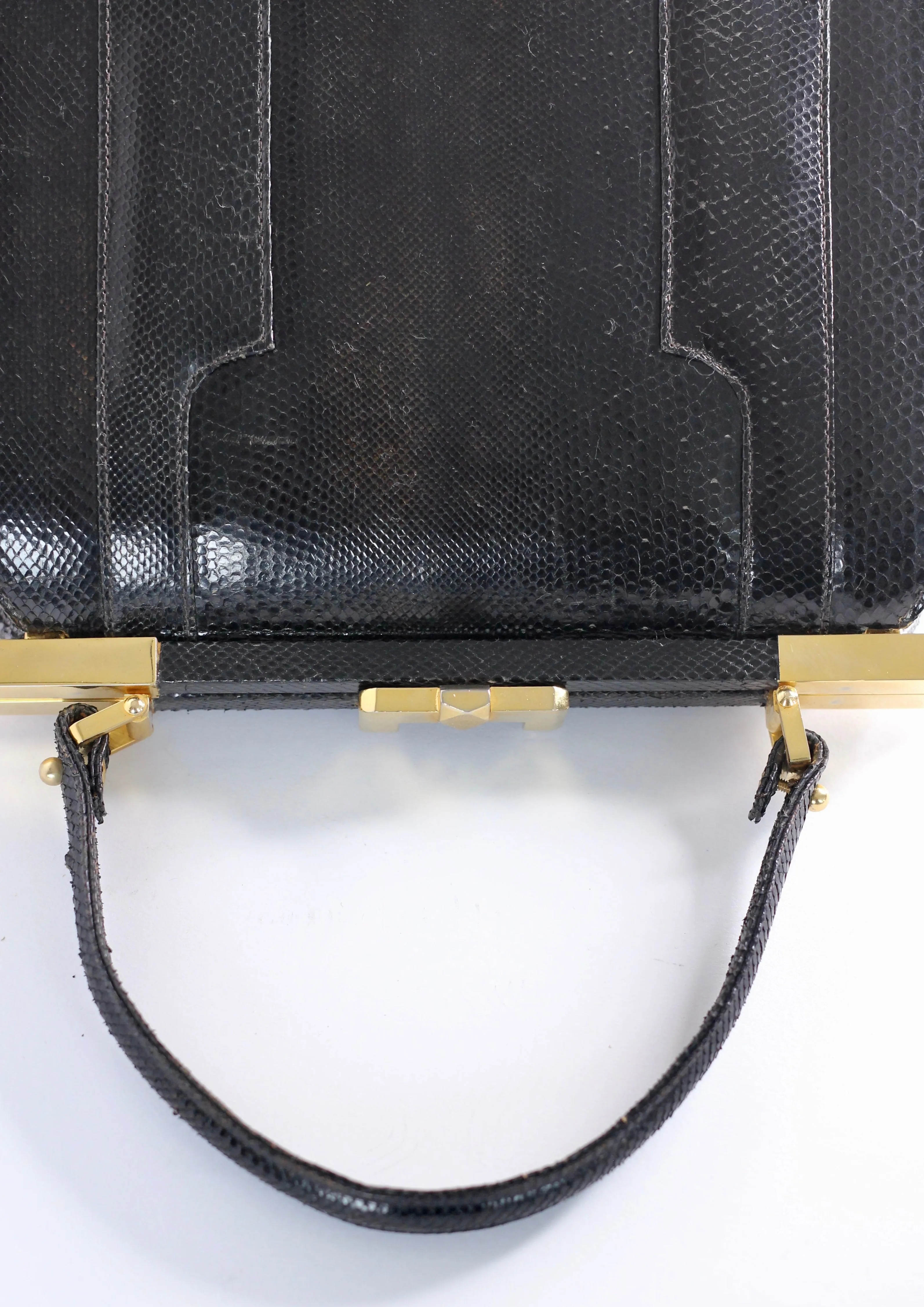 1950s Vintage Black Leather Top Handle Bag