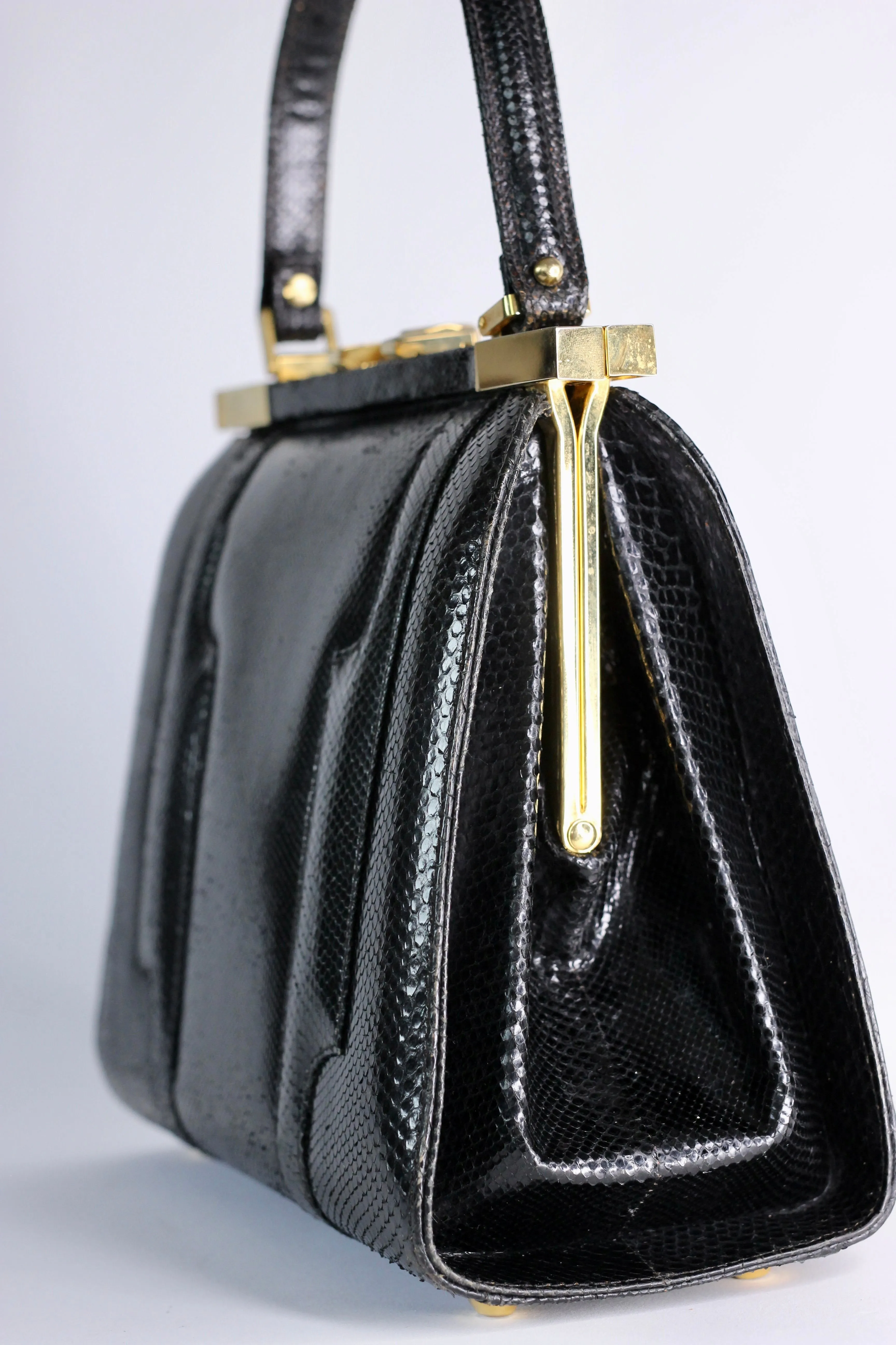 1950s Vintage Black Leather Top Handle Bag