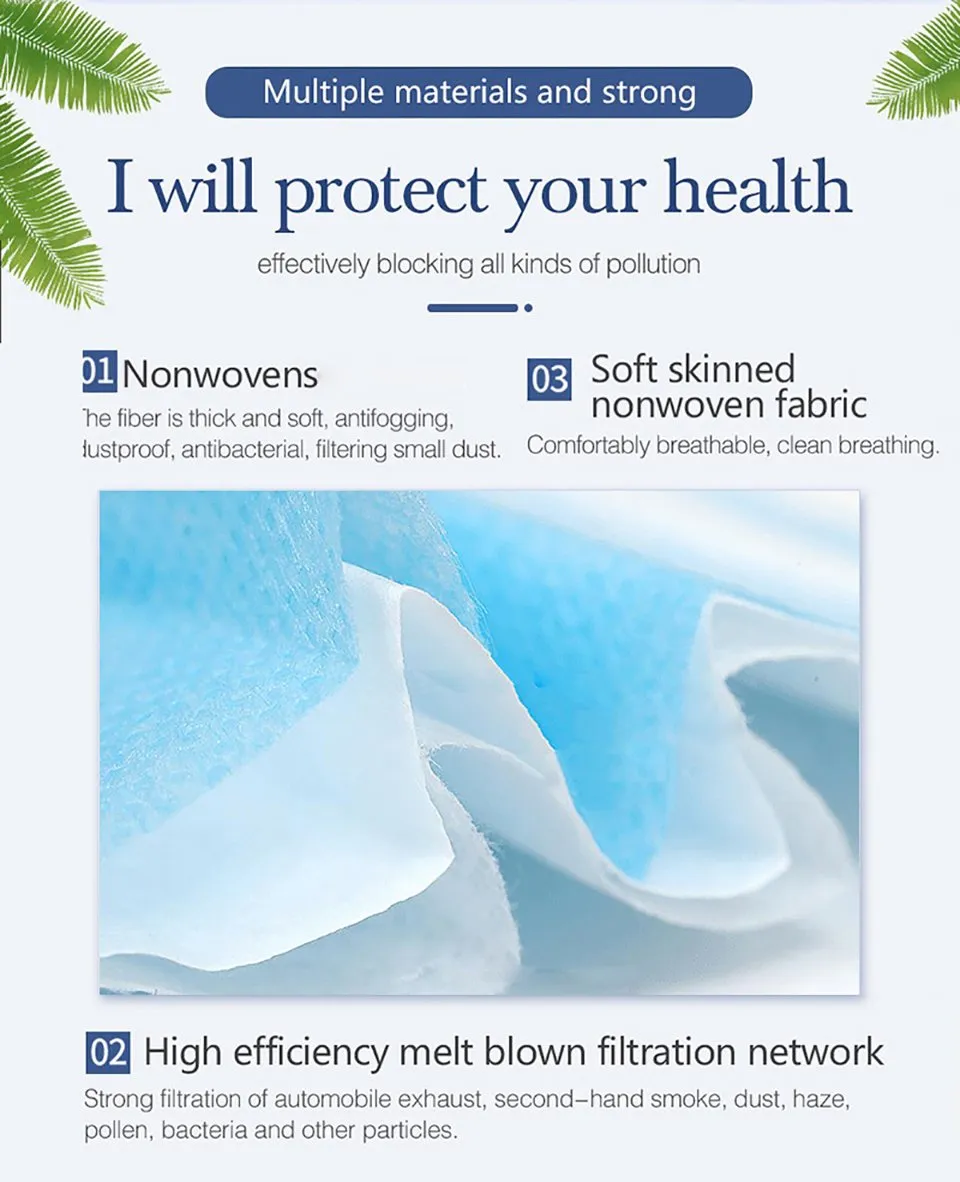 20 Pcs/bag High Quality 3 Layers Disposable Face Masks Anti-Dust Meltblown Cloth Masks Protection Face Mask Protective Dust Filter Safety Mask