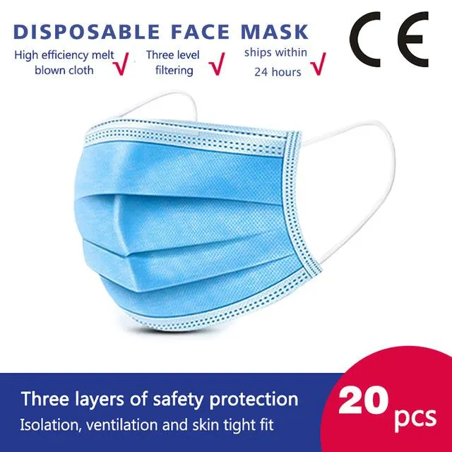20 Pcs/bag High Quality 3 Layers Disposable Face Masks Anti-Dust Meltblown Cloth Masks Protection Face Mask Protective Dust Filter Safety Mask