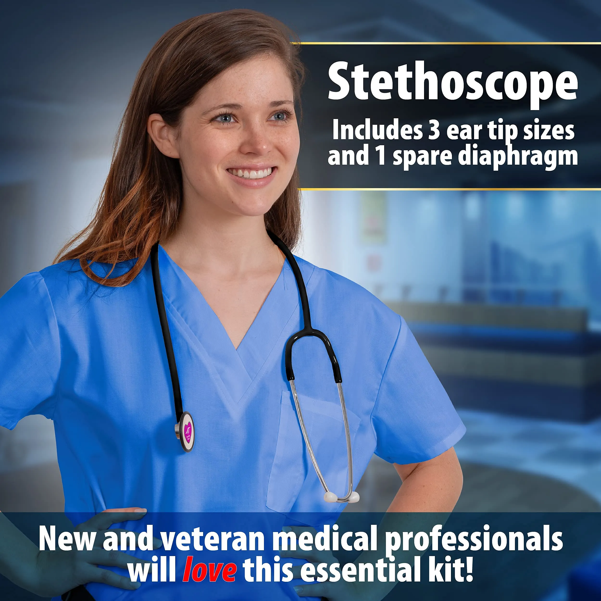 5 in 1 Nurse Kit - Stethoscope Medical Kit, Scissors, Pupil/LED Pen Light, Calipers, Stethoscope – Perfect for Medical Professionals: Nurses, Physicians, Vets Techs, Paramedics, EMTs.