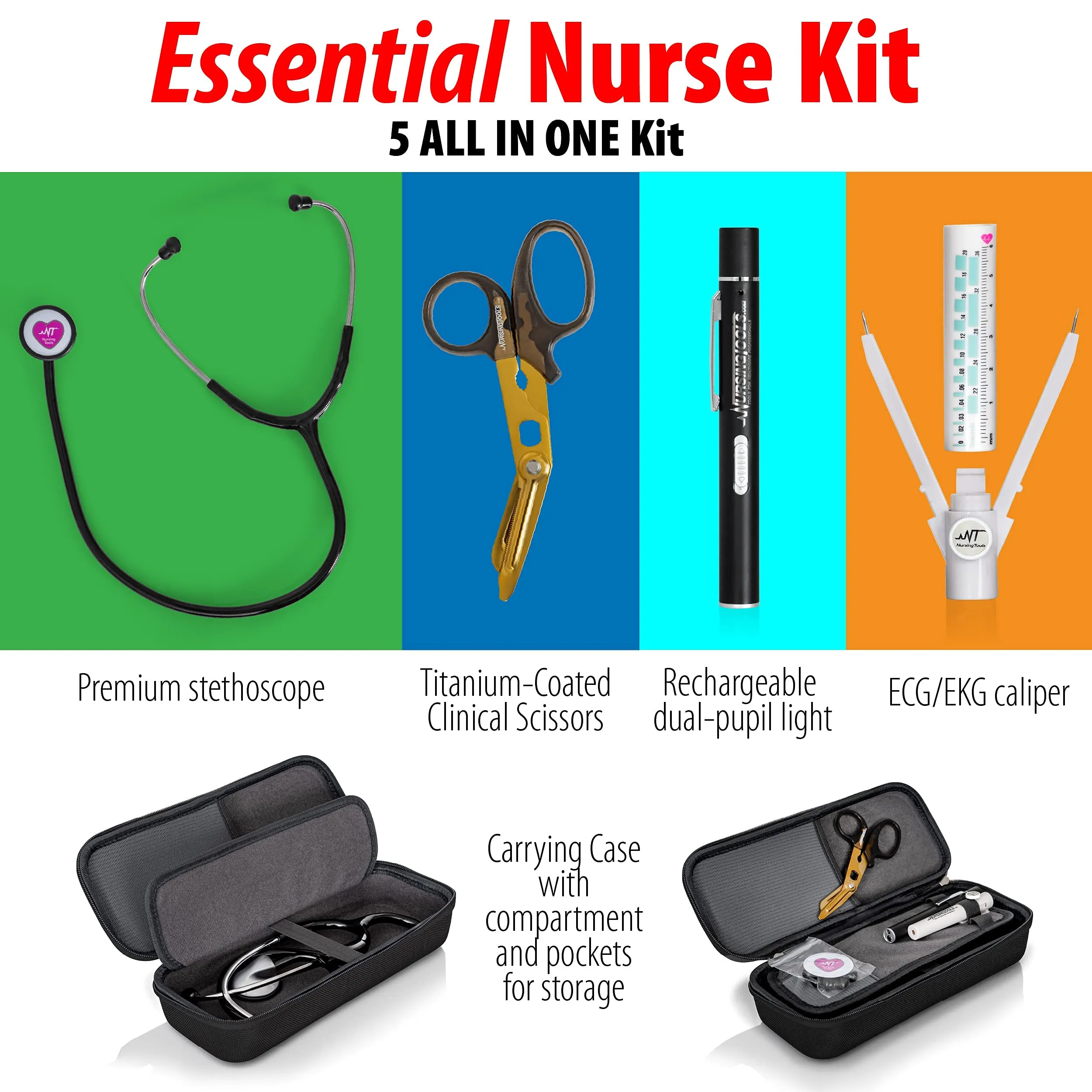 5 in 1 Nurse Kit - Stethoscope Medical Kit, Scissors, Pupil/LED Pen Light, Calipers, Stethoscope – Perfect for Medical Professionals: Nurses, Physicians, Vets Techs, Paramedics, EMTs.