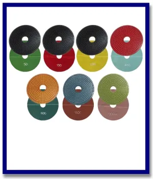 (7 Piece Set) 6" SDA Premium Wet Grinding Diamond V'cro Pads. Grits Included Are #50, 100, 200, 400, 800, 1500 & 3000