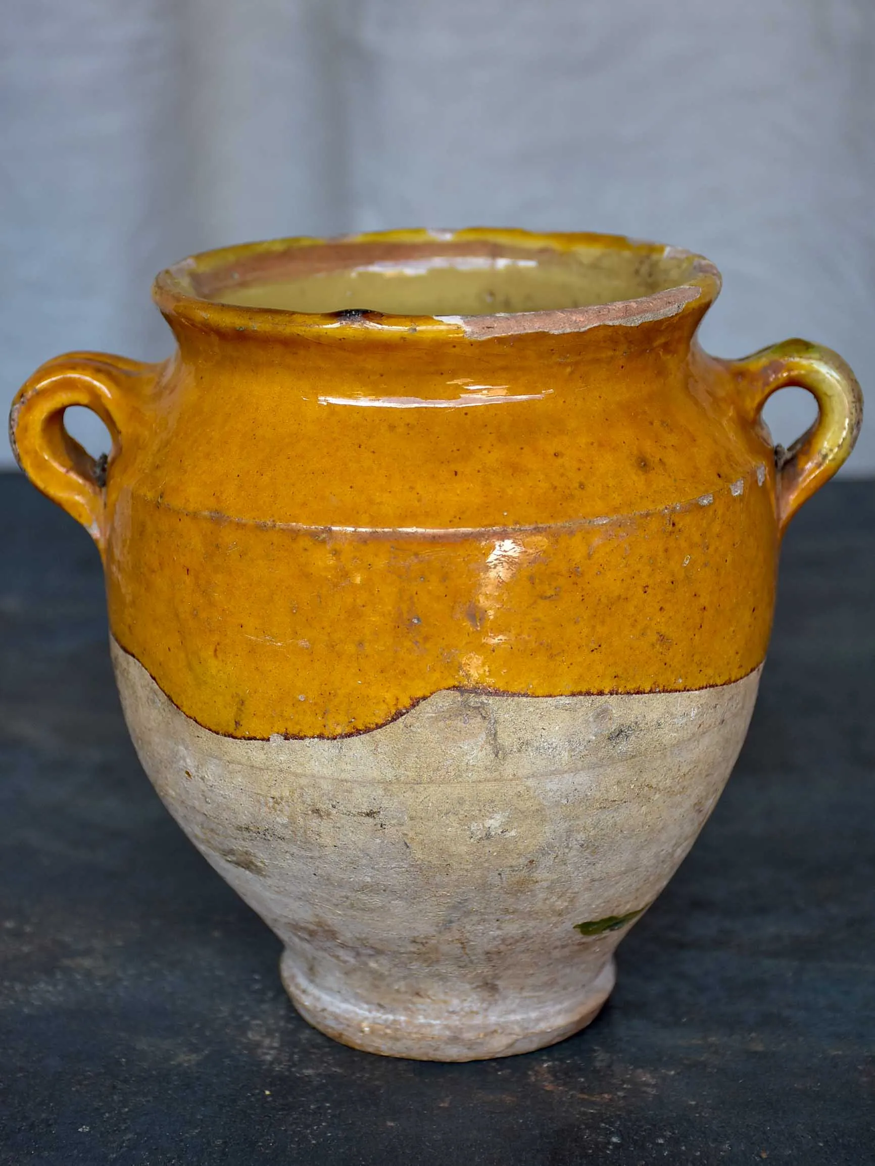 Antique French confit pot with yellow glaze 7 ¼''