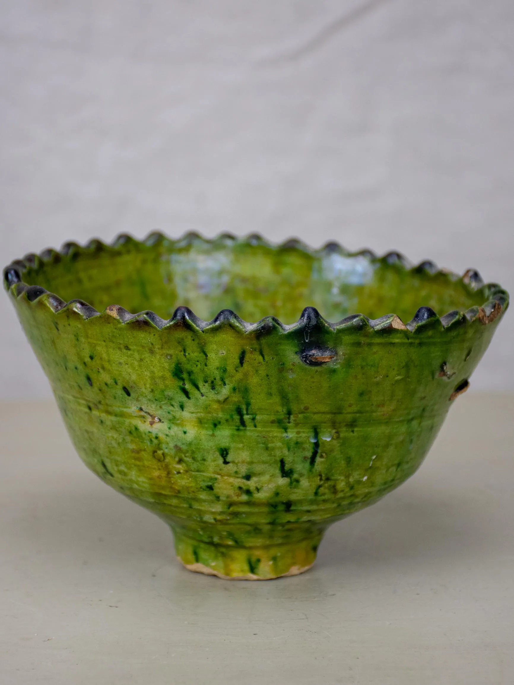 Antique French nut bowl with green glaze