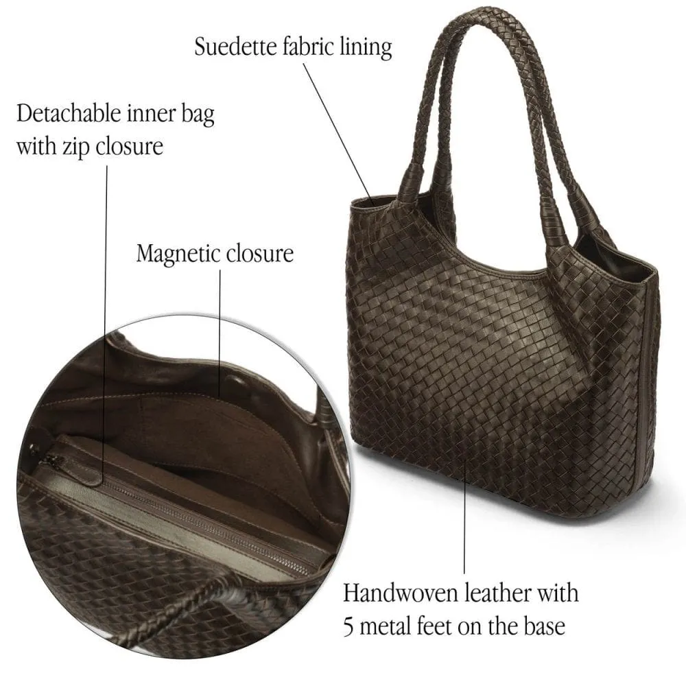 Anya Woven Leather Shoulder Bag - Brown