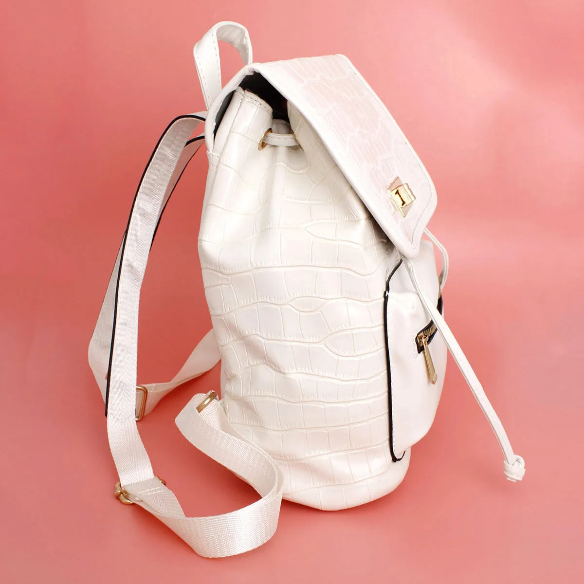 Backpack White Croc Flap Bag Set for Women