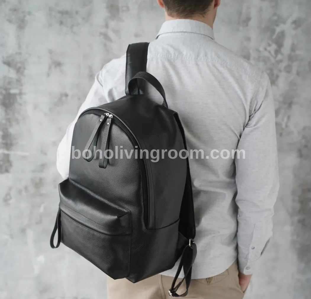 Black Leather Cowhide Backpack