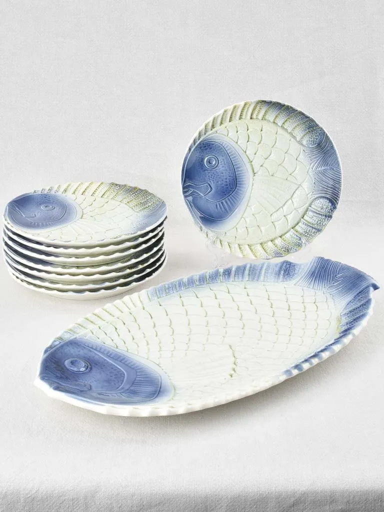 Blue & white fish service 1950s - Sarreguemines