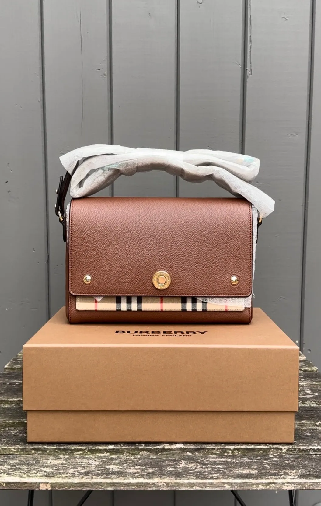 BURBERRY Camel Leather Classic Canvas Crossbody Bag