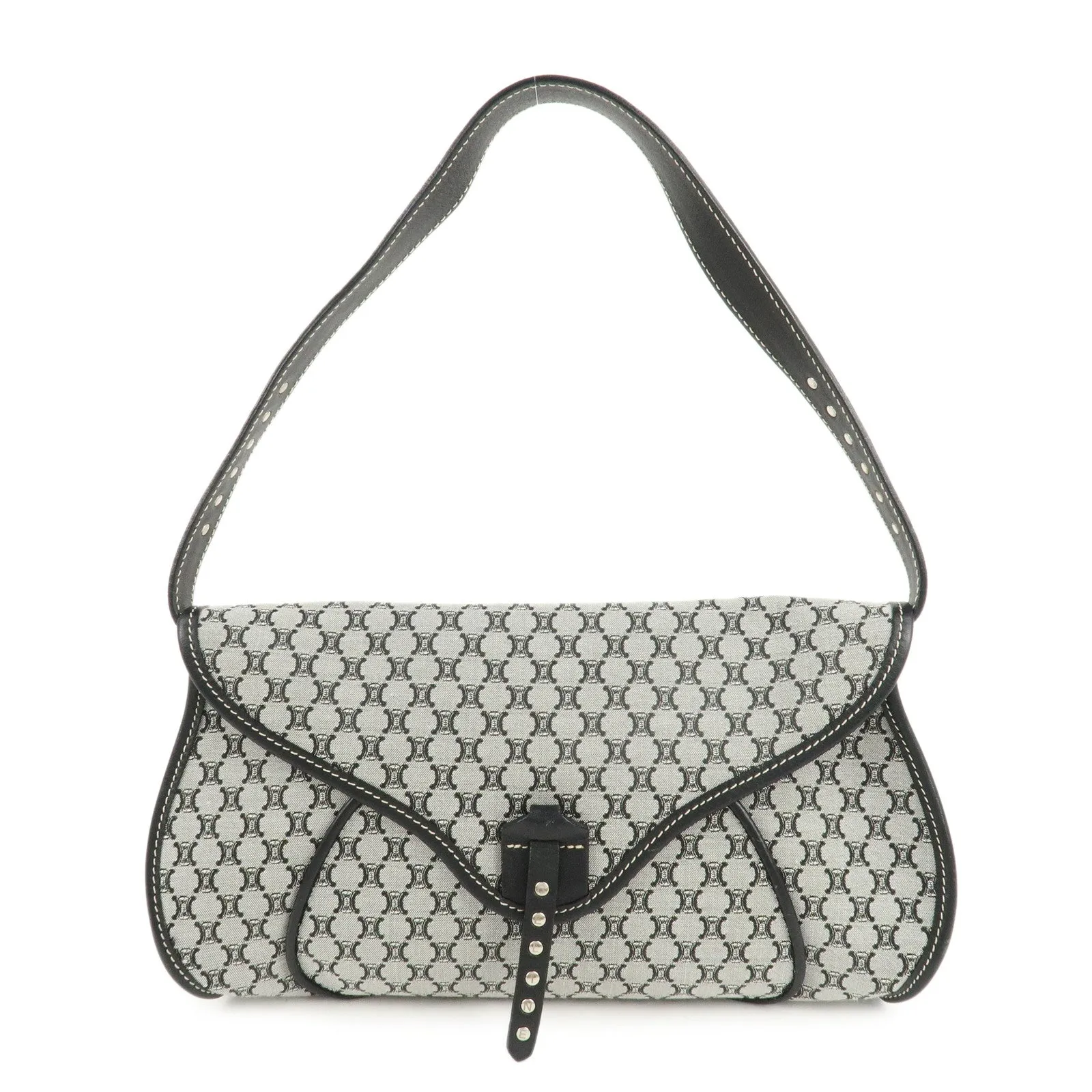 CELINE Macadam Canvas Leather Shoulder Bag Gray Black Used