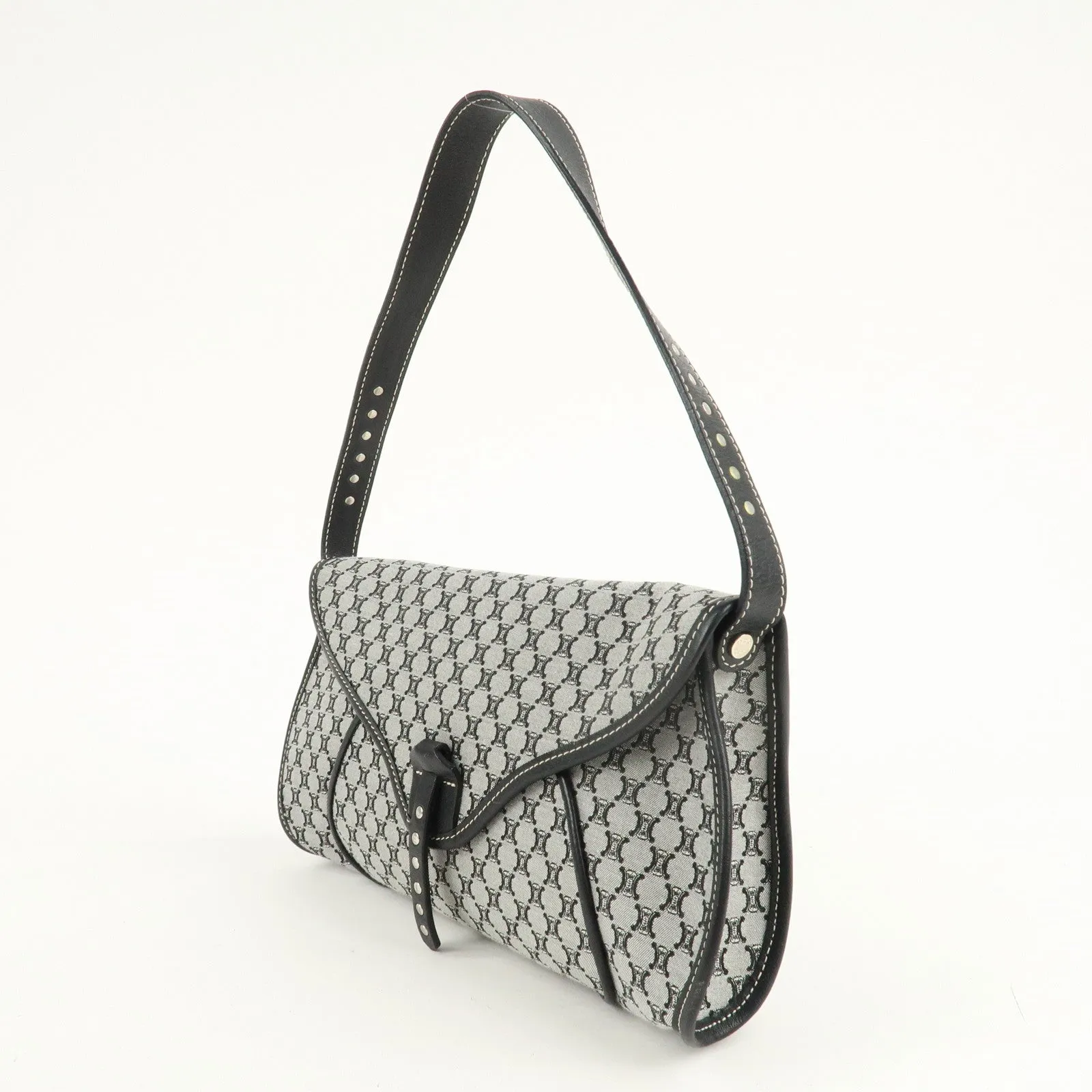 CELINE Macadam Canvas Leather Shoulder Bag Gray Black Used