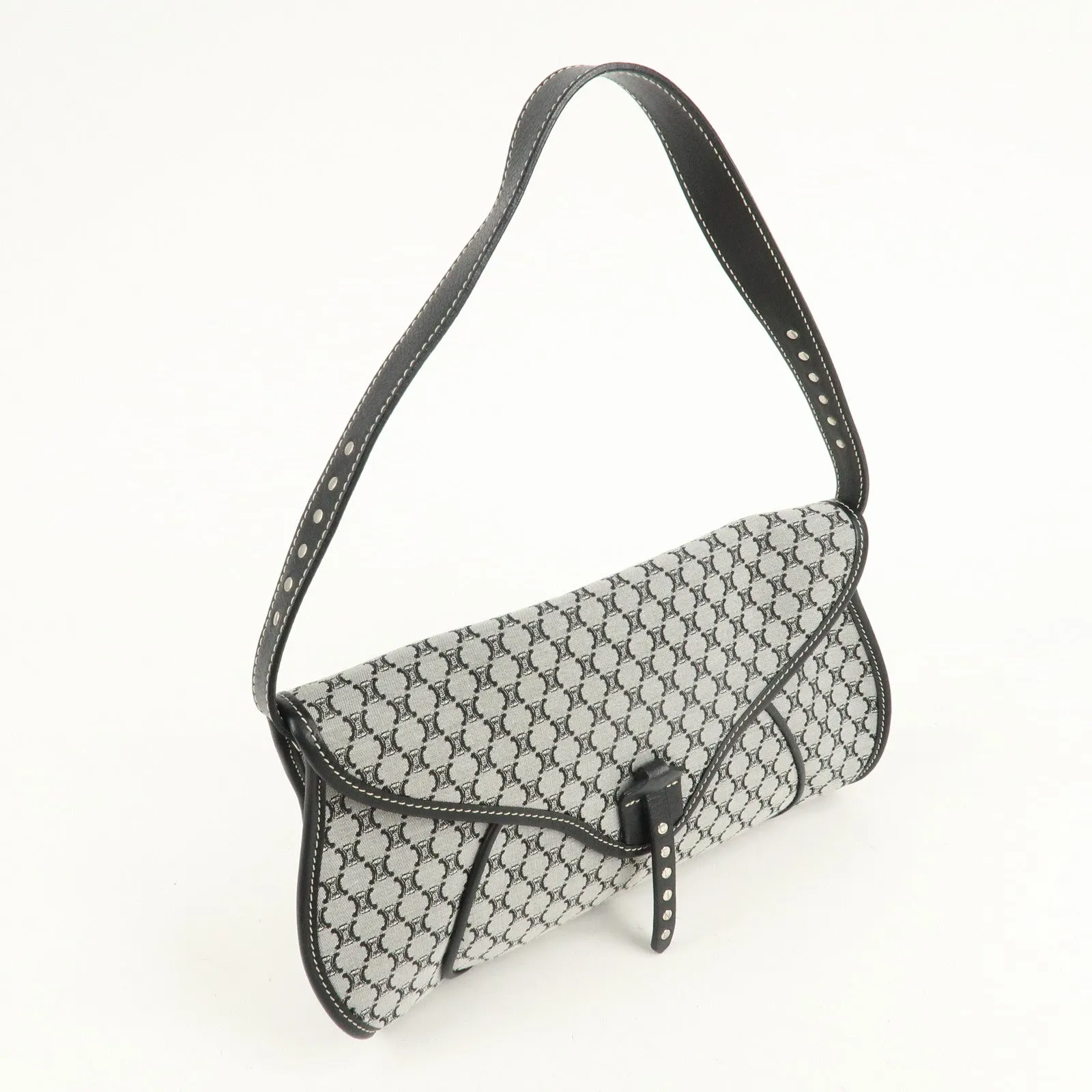 CELINE Macadam Canvas Leather Shoulder Bag Gray Black Used