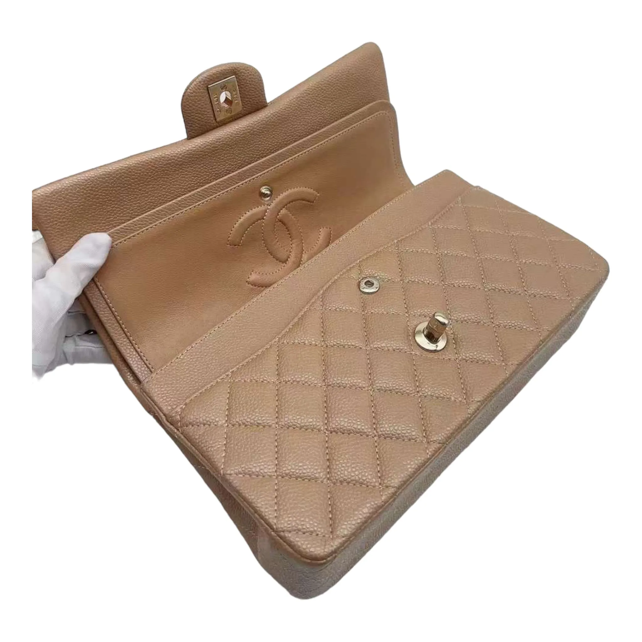 CHANEL 18S Iridescent Dark Beige Caviar Rectangular Mini Flap Bag Brushed Gold Hardware