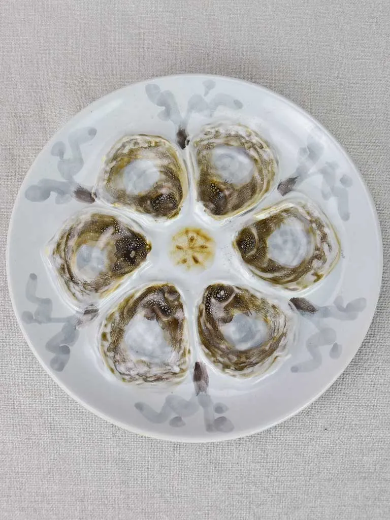 Collection of 10 French oyster plates and platter - hand painted
