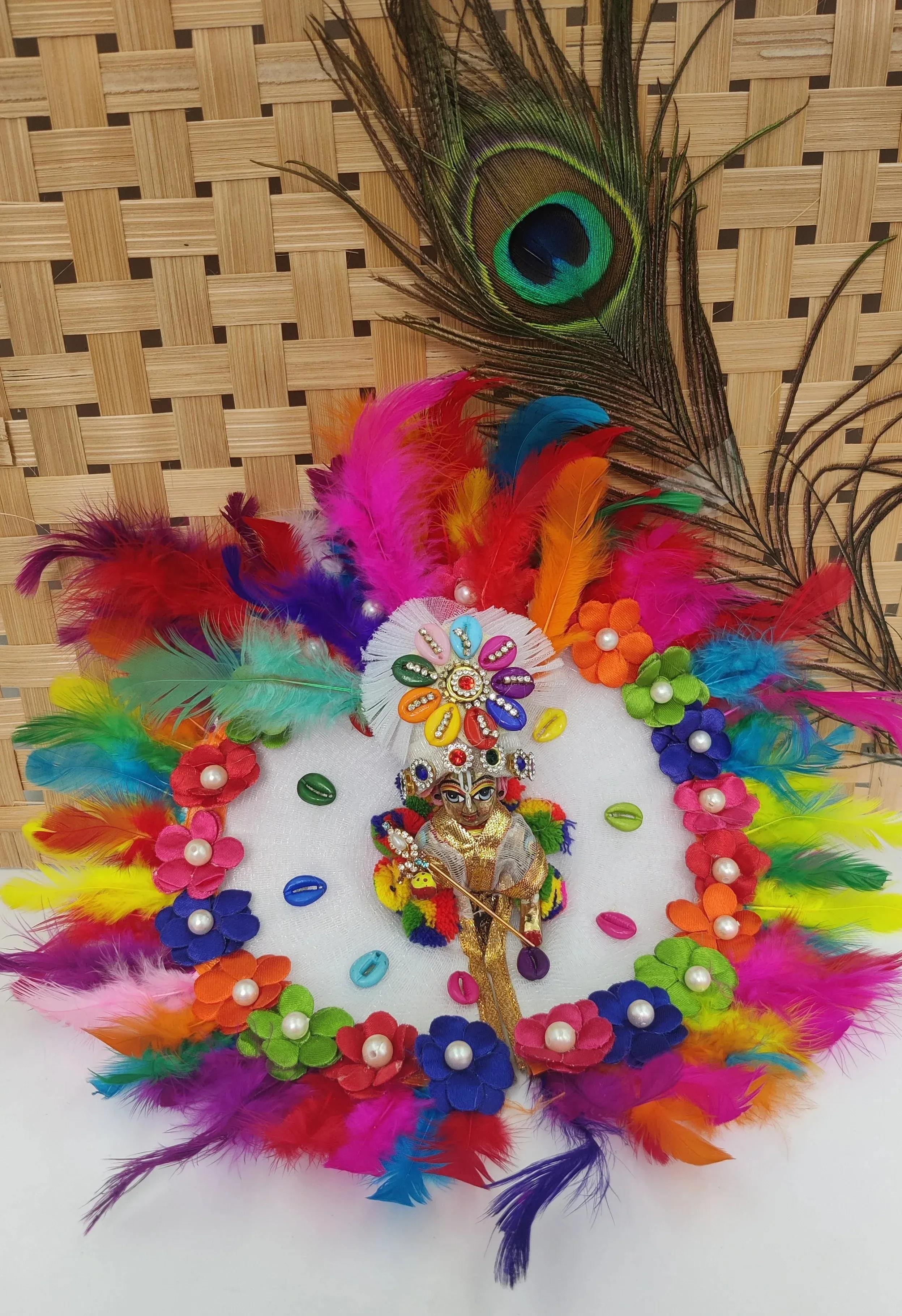 Feather and Multi colour butti laddu gopal dress with pagdi
