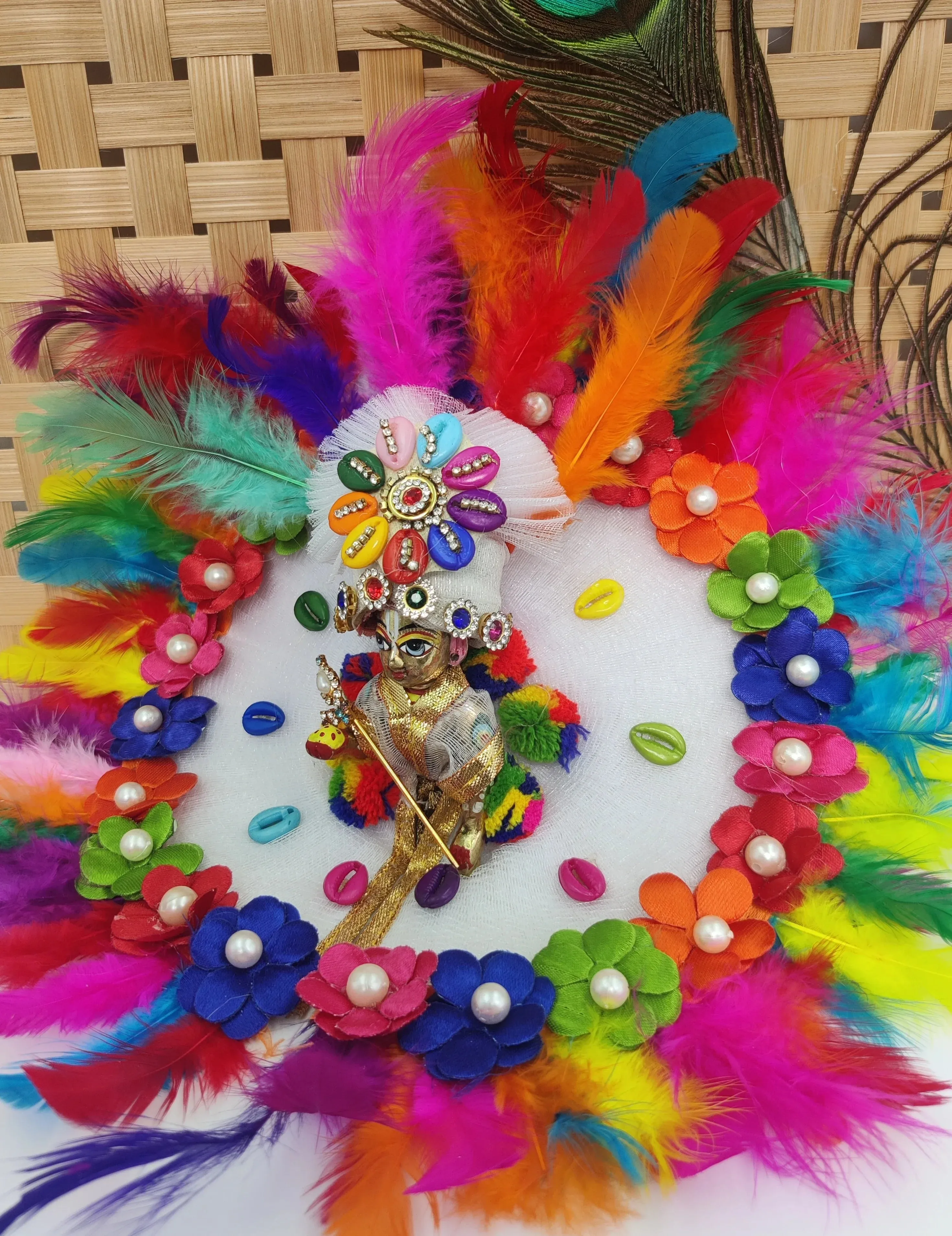 Feather and Multi colour butti laddu gopal dress with pagdi