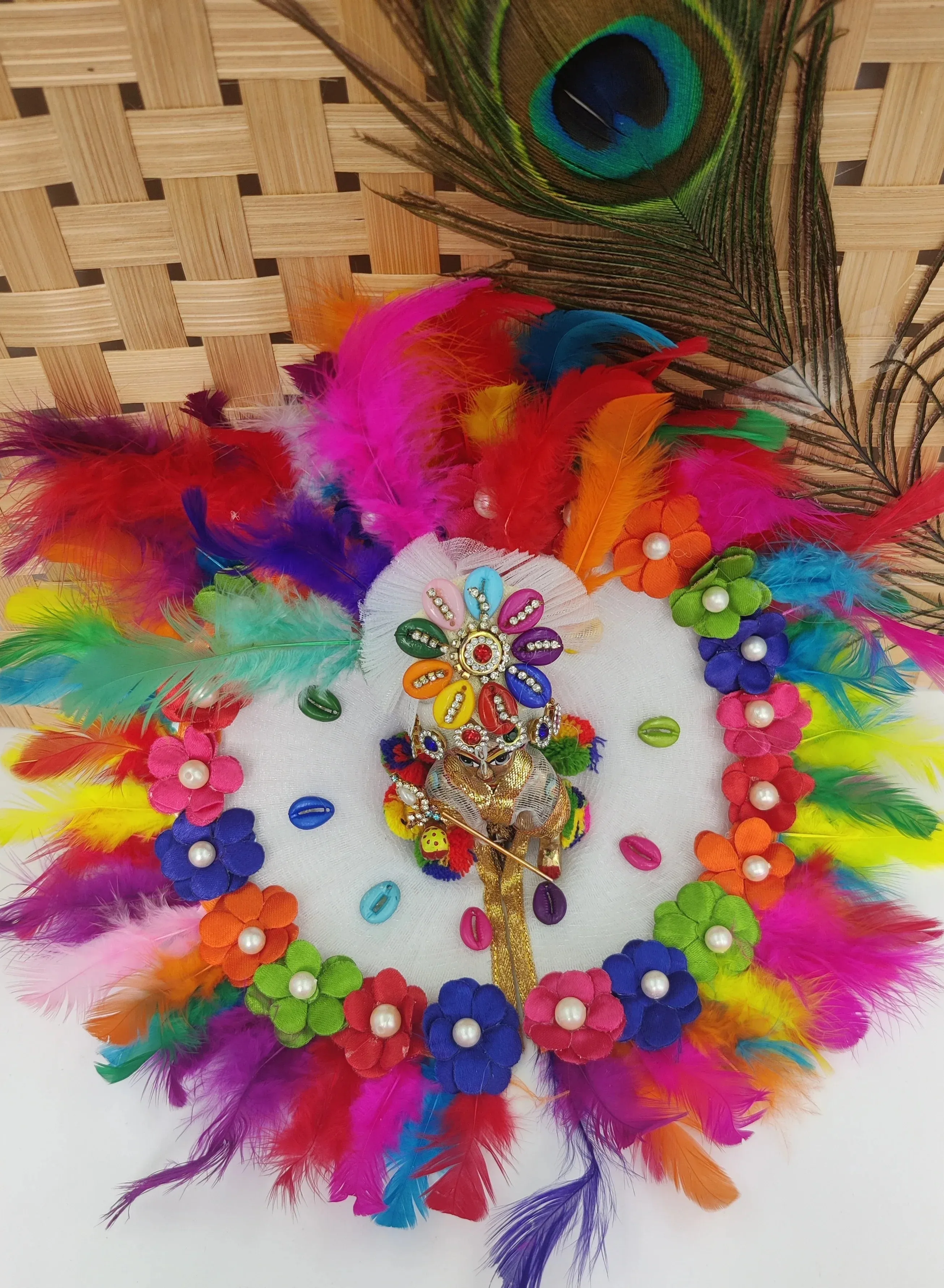 Feather and Multi colour butti laddu gopal dress with pagdi