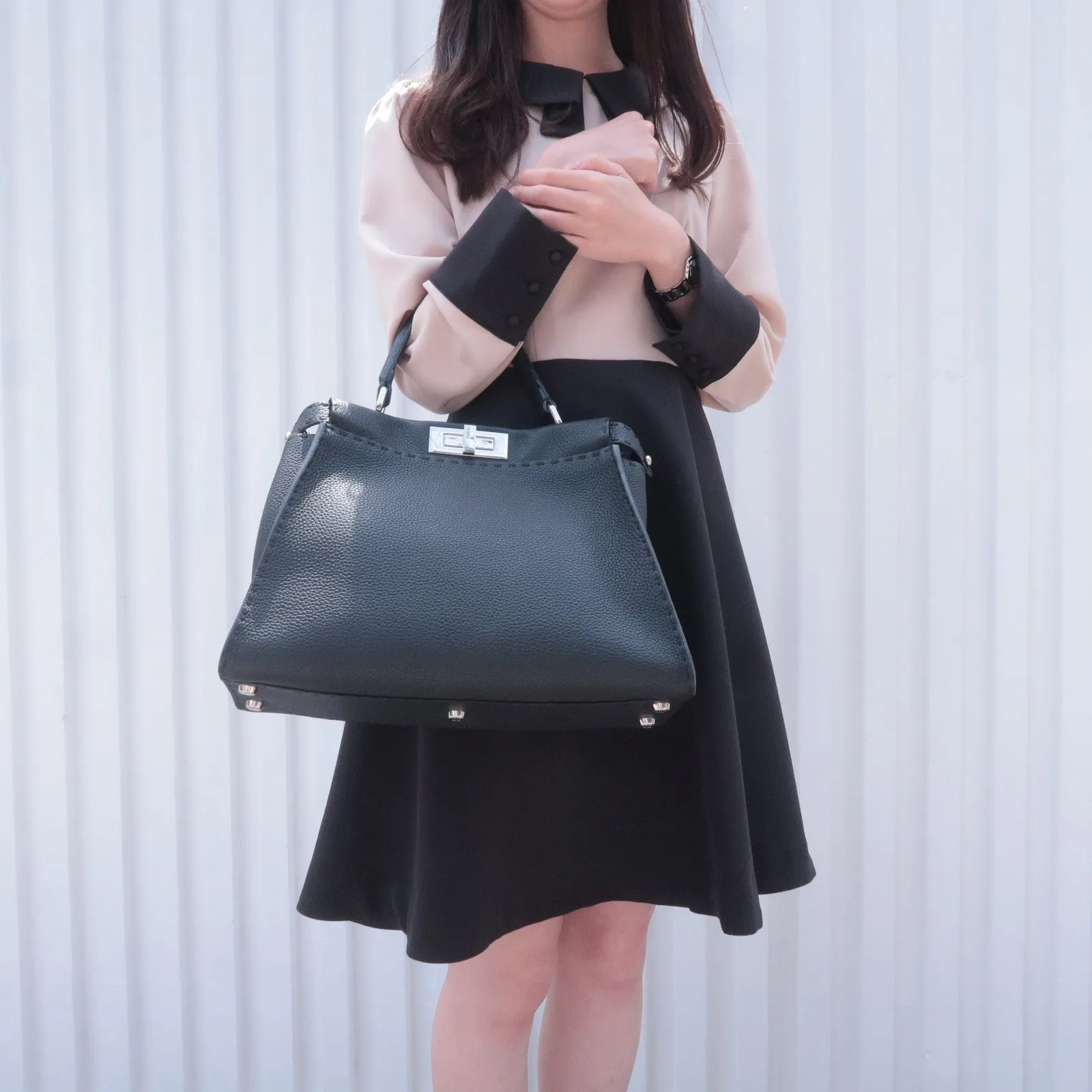 FENDI Selleria Leather Peekaboo Regular 2WAY Bag Black 8BN290