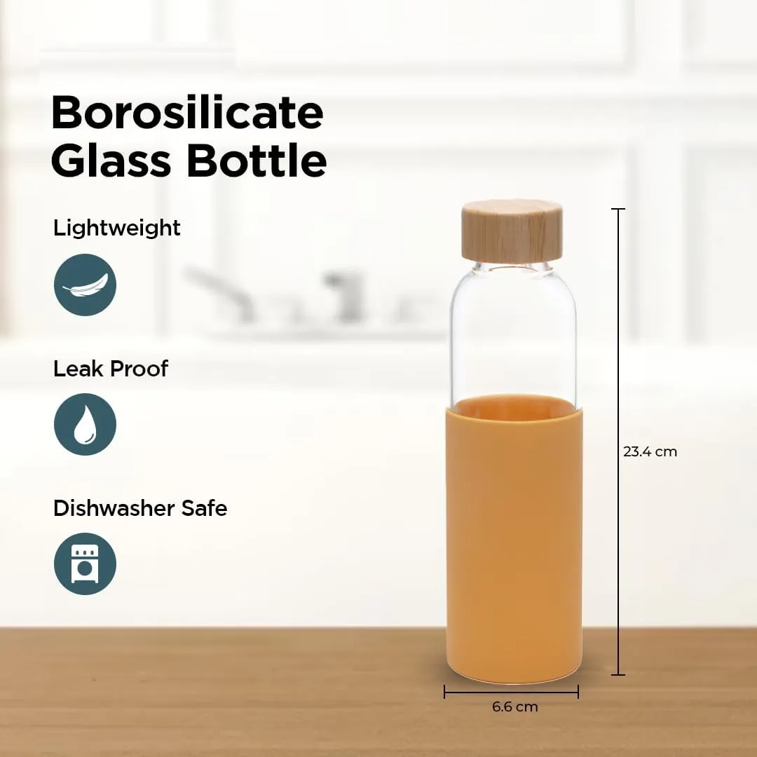 Homestic Water Bottle | Glass Bottle | Sleeve Protection Bottle | Bamboo Lid Water Bottle | Travel Round Bottle | XB5501-YEL | 550 ML | Set of 3 | Yellow