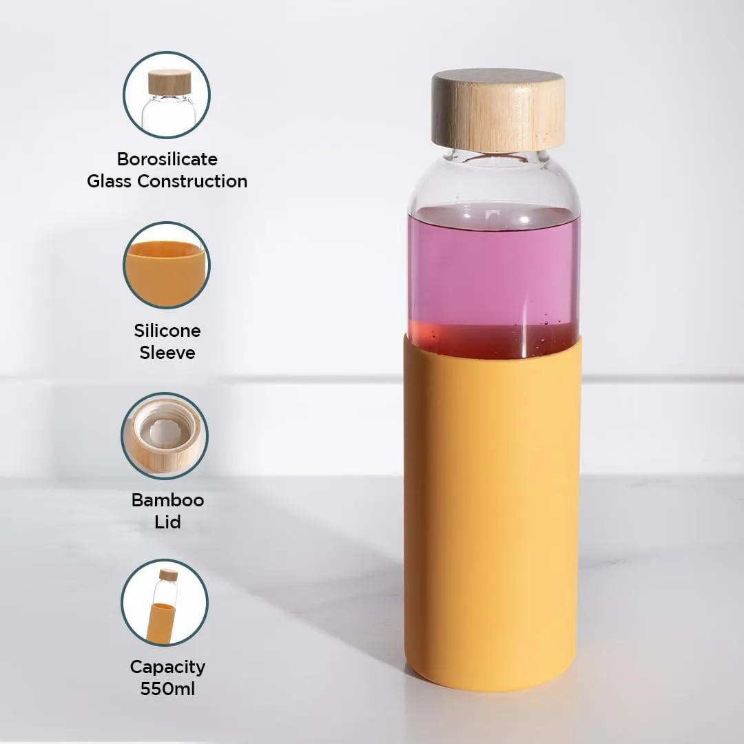 Homestic Water Bottle | Glass Bottle | Sleeve Protection Bottle | Bamboo Lid Water Bottle | Travel Round Bottle | XB5501-YEL | 550 ML | Set of 3 | Yellow