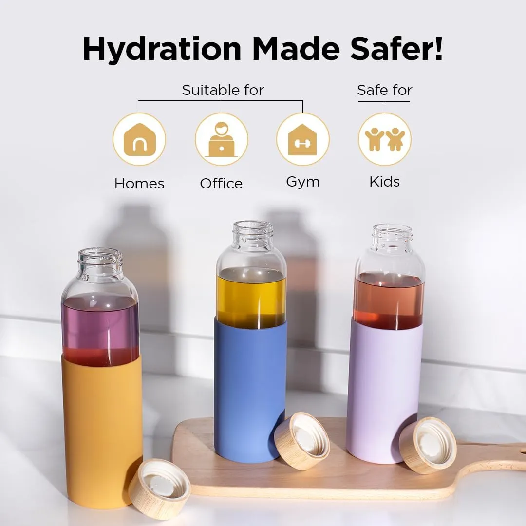 Homestic Water Bottle | Glass Bottle | Sleeve Protection Bottle | Bamboo Lid Water Bottle | Travel Round Bottle | XB5501-YEL | 550 ML | Set of 3 | Yellow