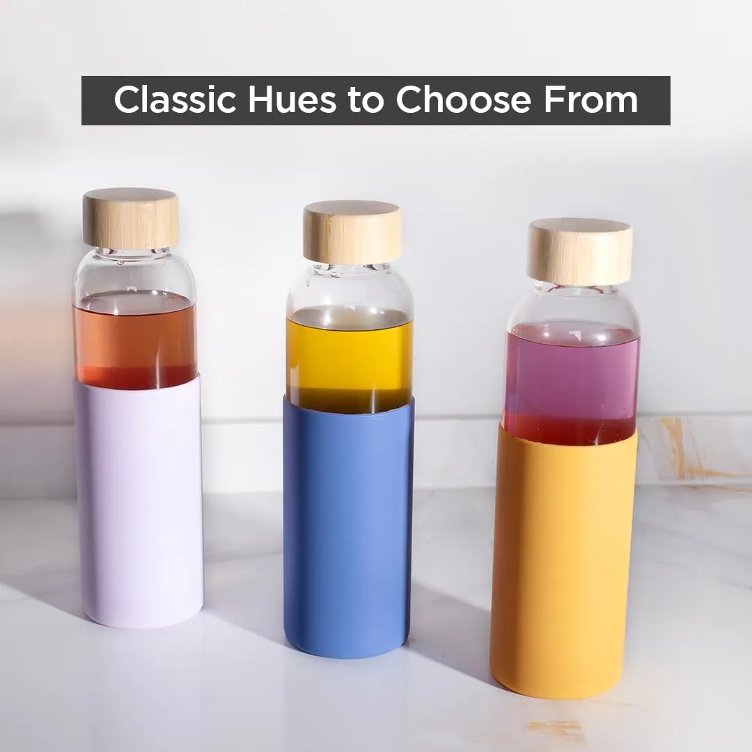Homestic Water Bottle | Glass Bottle | Sleeve Protection Bottle | Bamboo Lid Water Bottle | Travel Round Bottle | XB5501-YEL | 550 ML | Set of 3 | Yellow