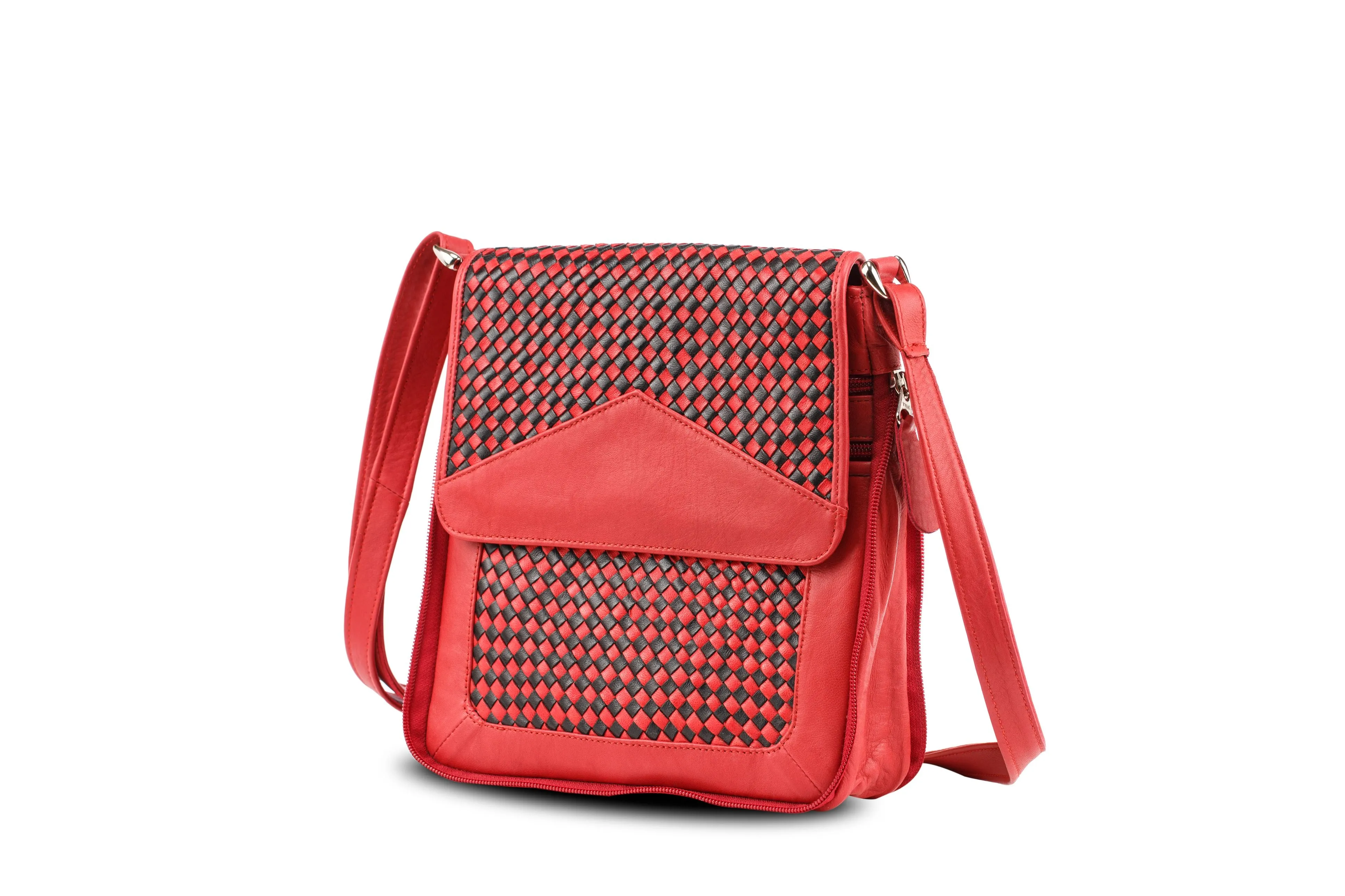 Knitted Leather Cross Body Bag Black and Red