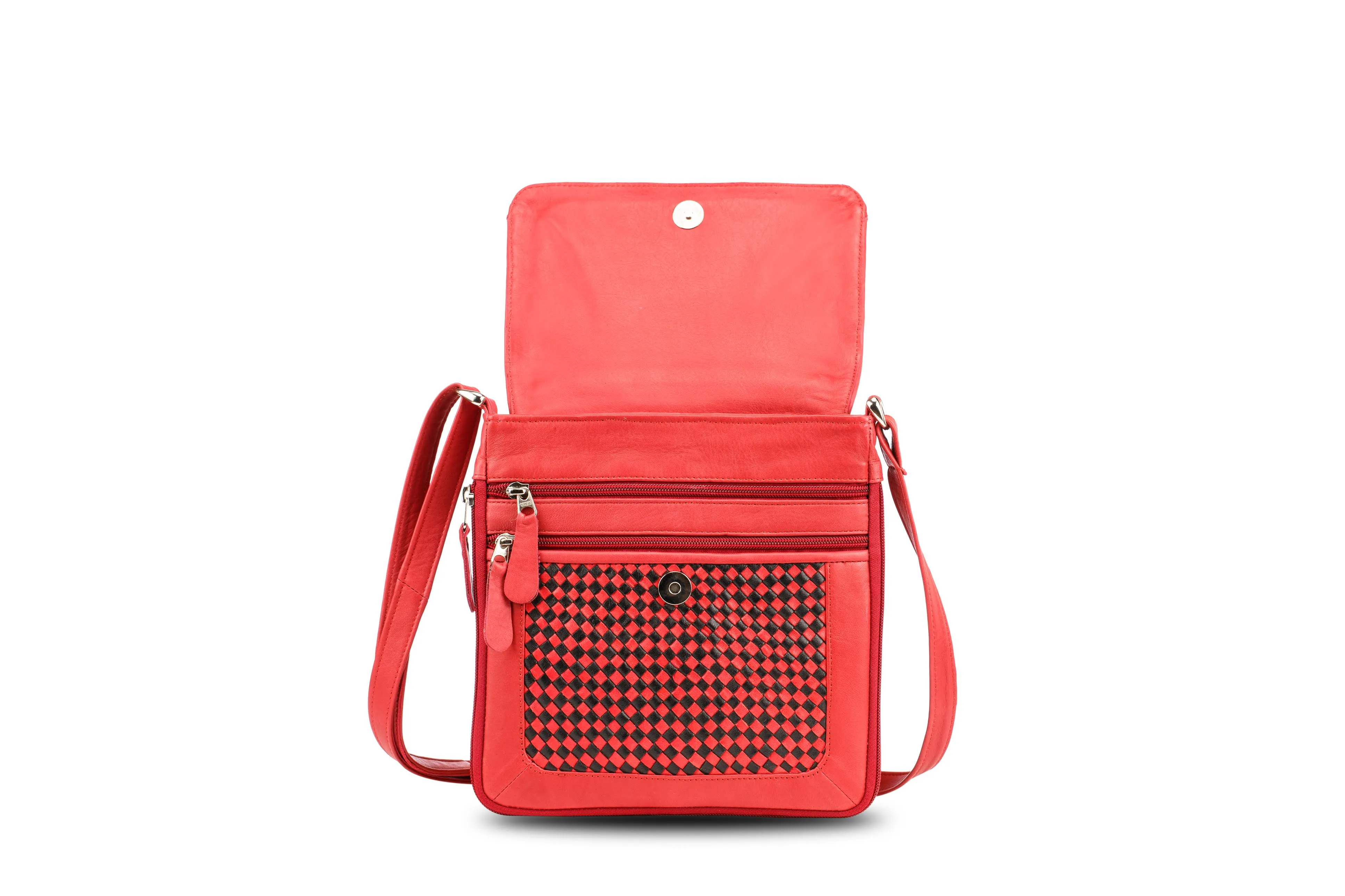 Knitted Leather Cross Body Bag Black and Red