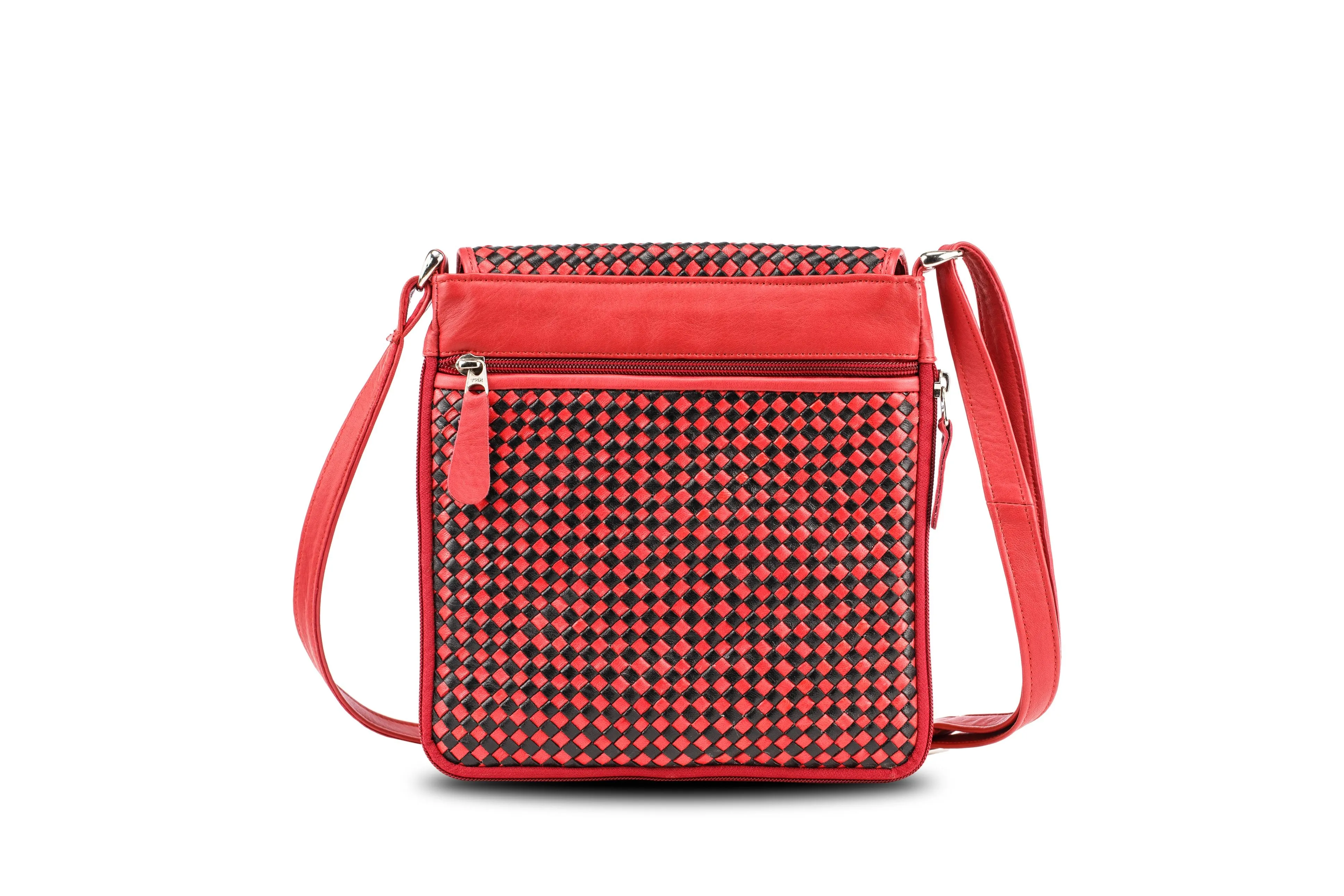 Knitted Leather Cross Body Bag Black and Red