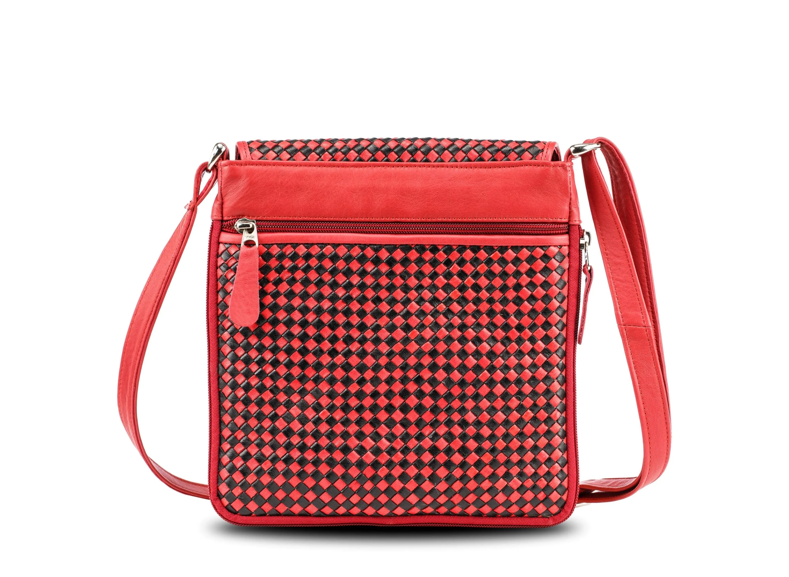 Knitted Leather Cross Body Bag Black and Red
