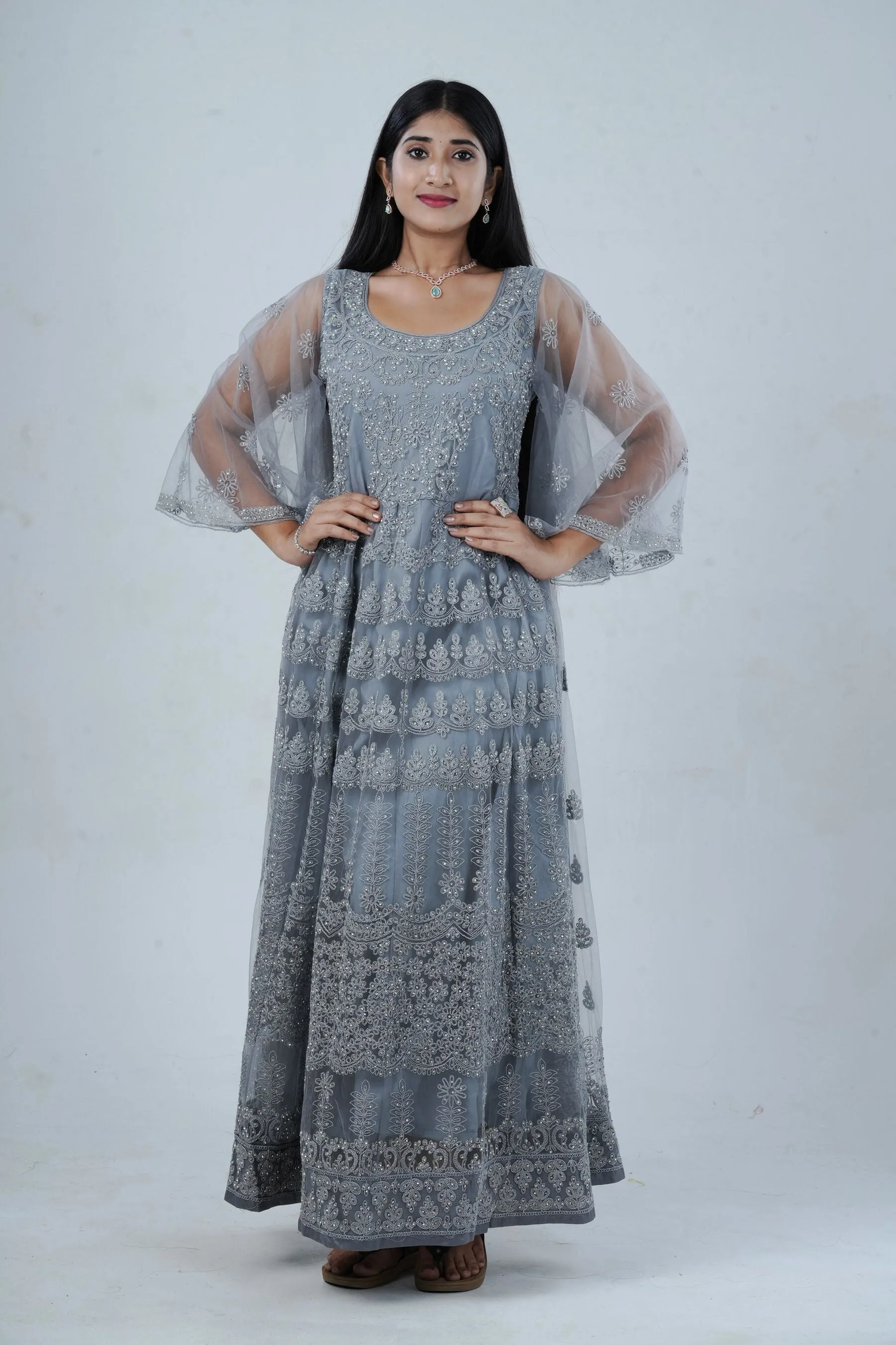 Luxurious Embroidered Long Gown with Stone Work