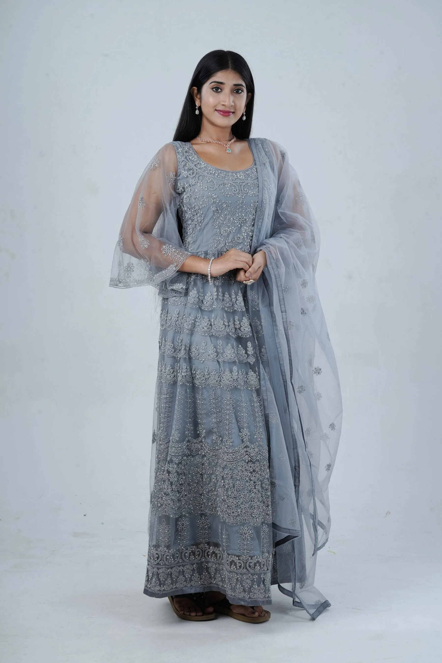 Luxurious Embroidered Long Gown with Stone Work