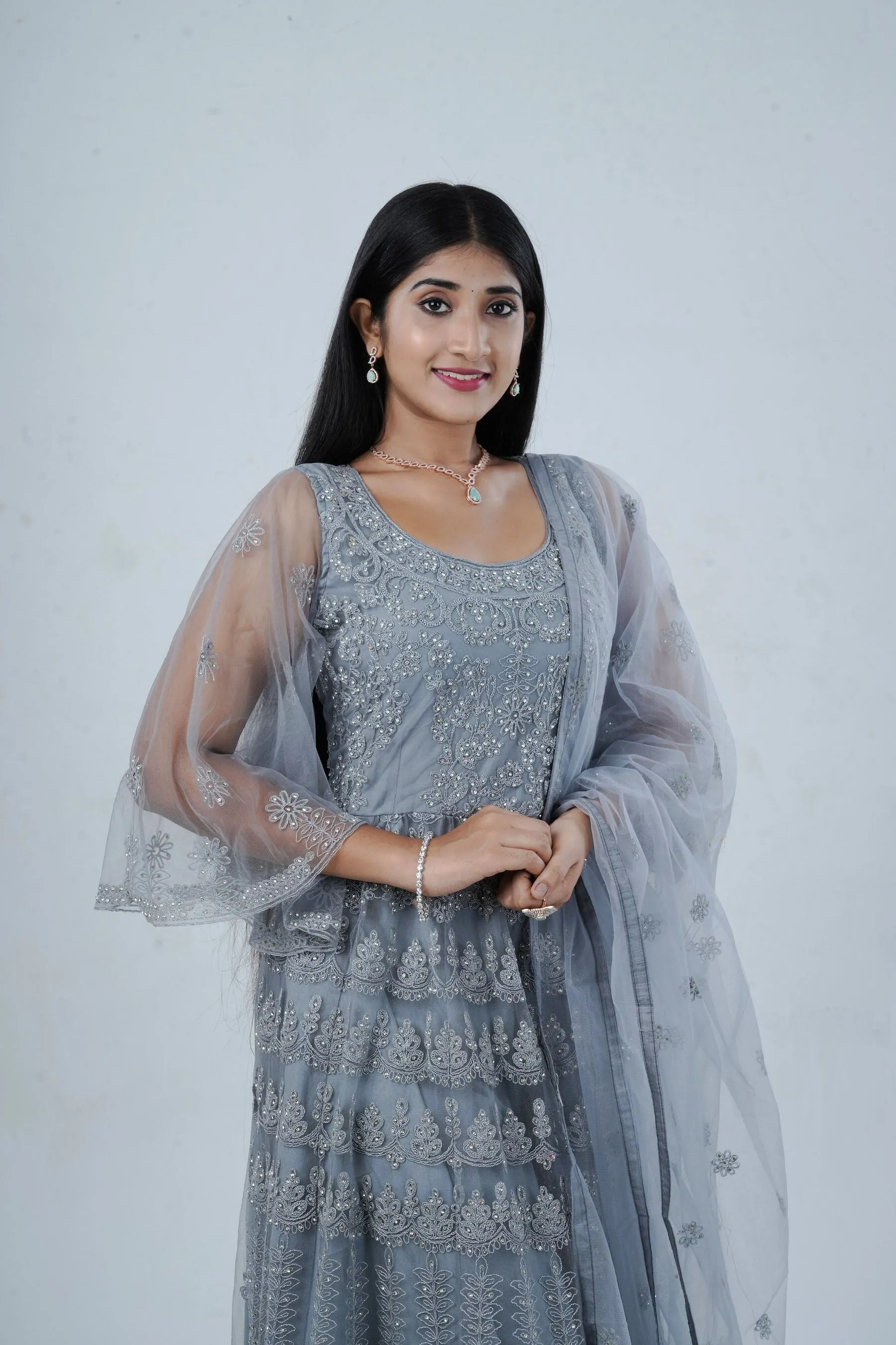 Luxurious Embroidered Long Gown with Stone Work