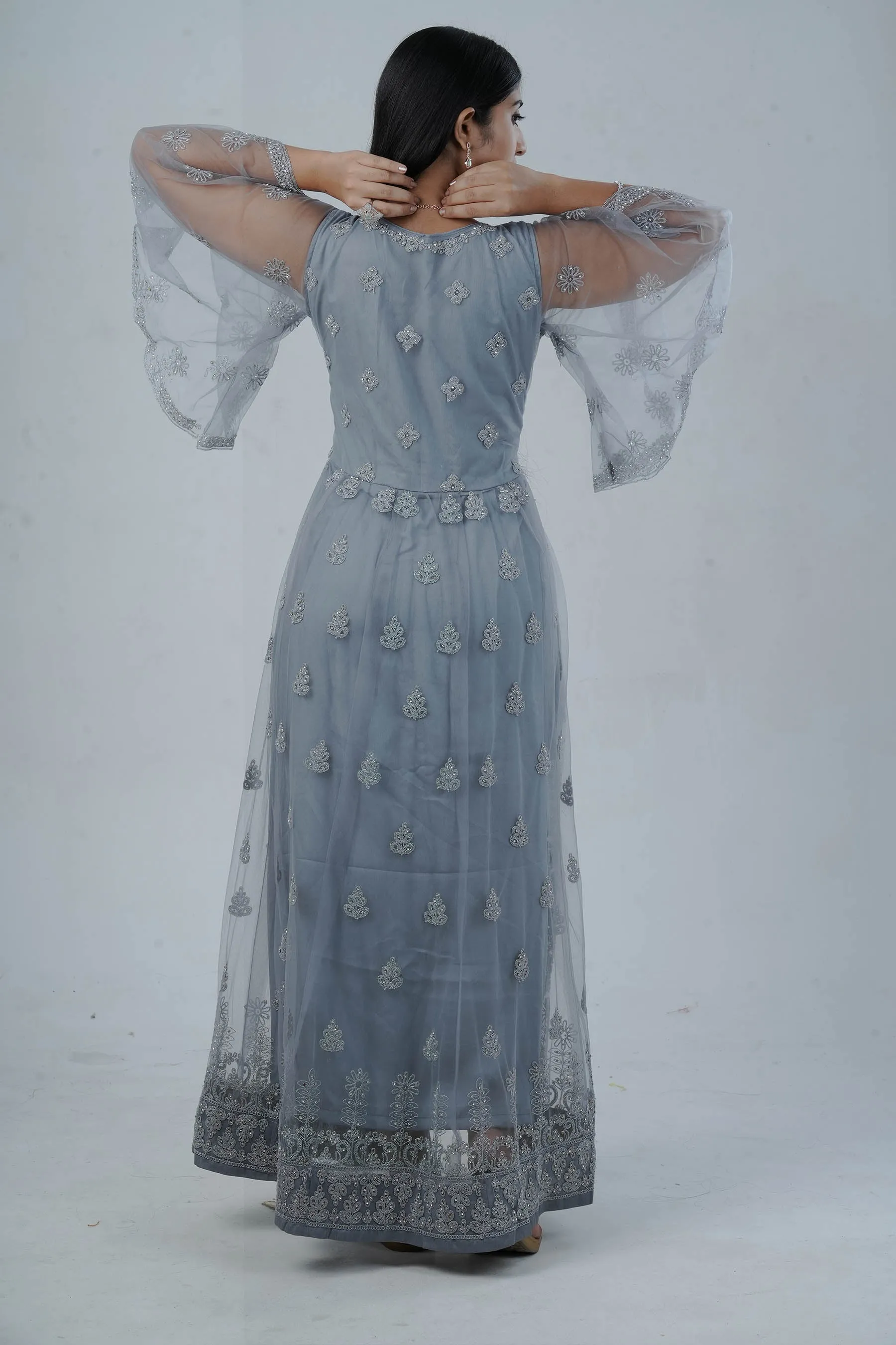Luxurious Embroidered Long Gown with Stone Work