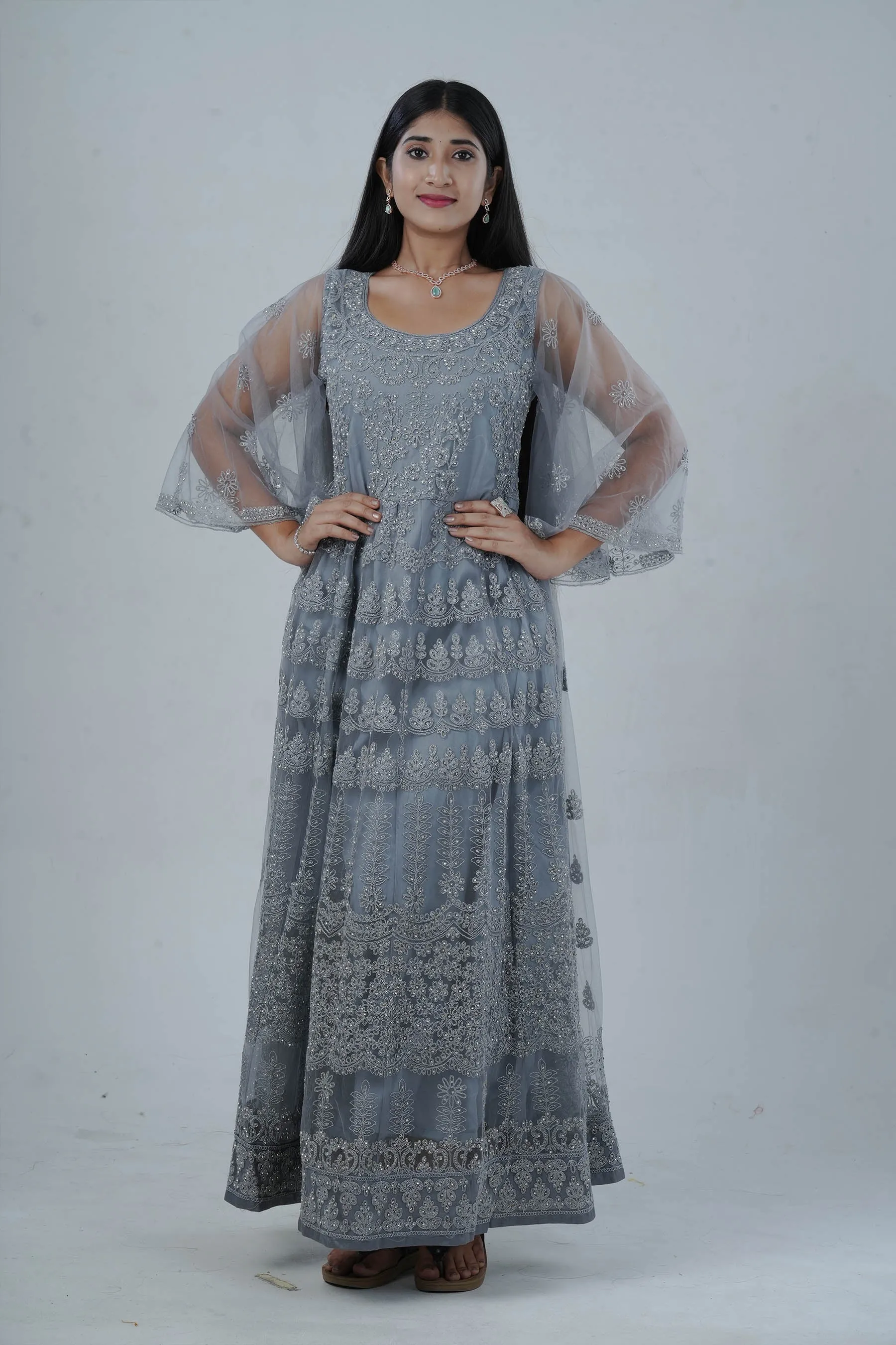 Luxurious Embroidered Long Gown with Stone Work