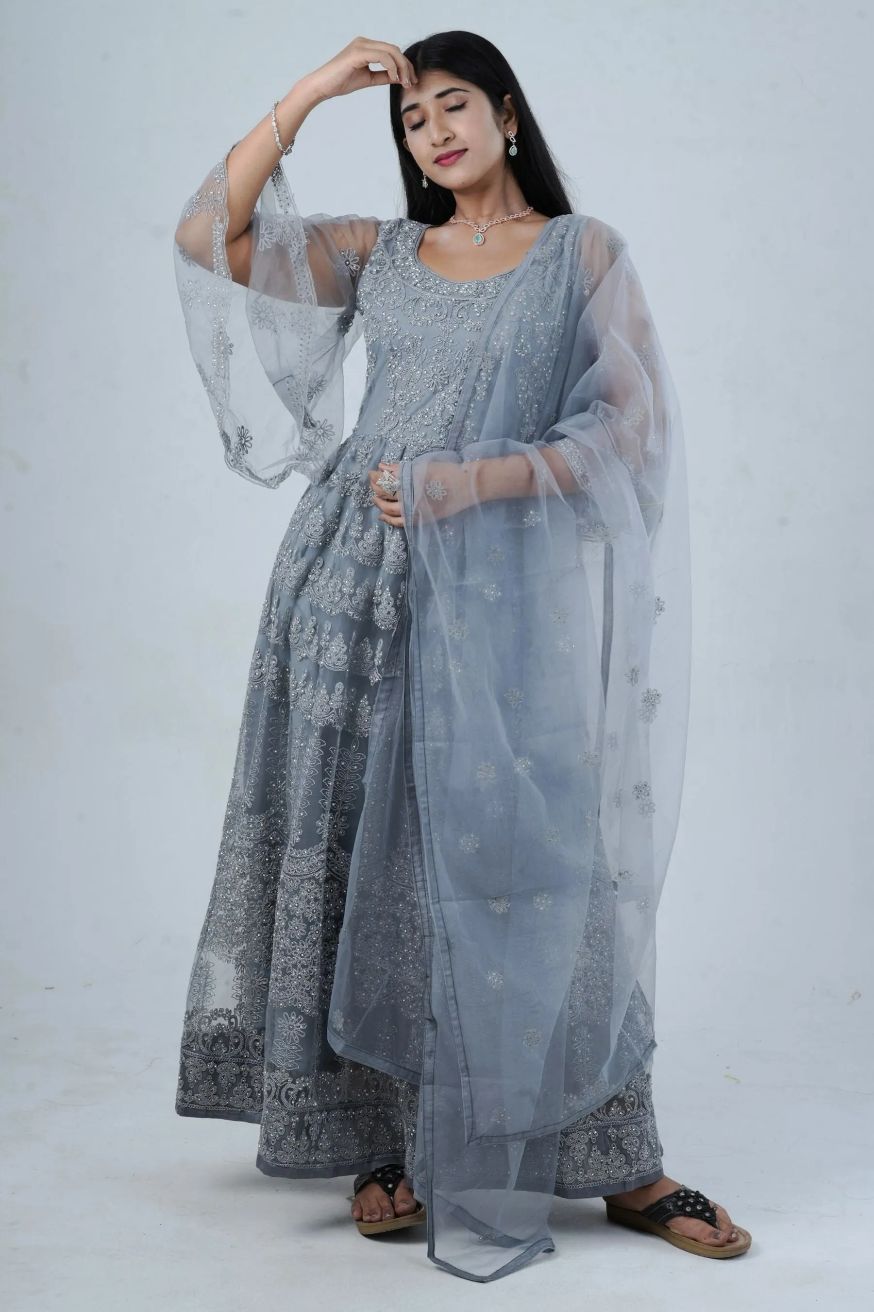 Luxurious Embroidered Long Gown with Stone Work